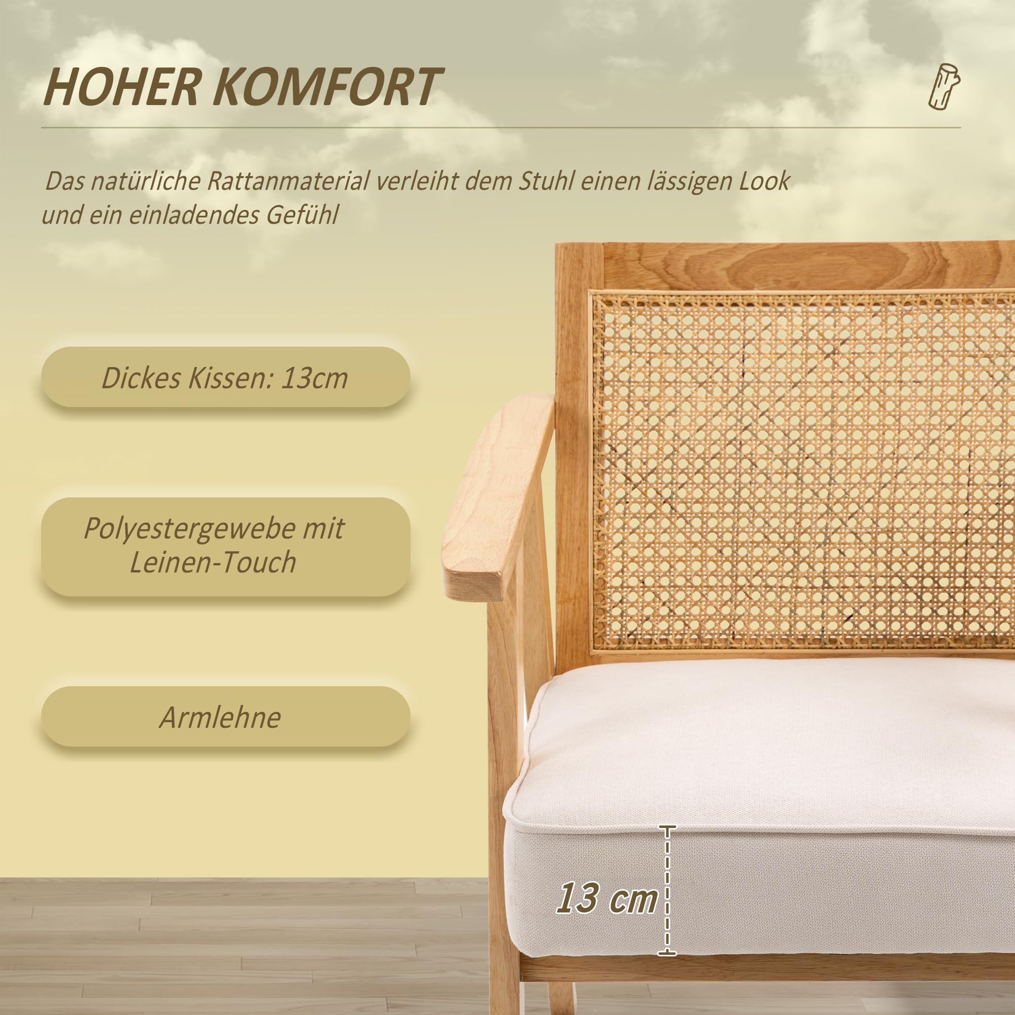 HOMCOM Sessel Wohnzimmer Relaxsessel mit Armlehnen, Sitzkissen, Loungesessel mit Rattan-Rückenlehne, Lesesessel mit Leinen-Optik, Holzrahmen, Polstersessel für Schlafzimmer Creme