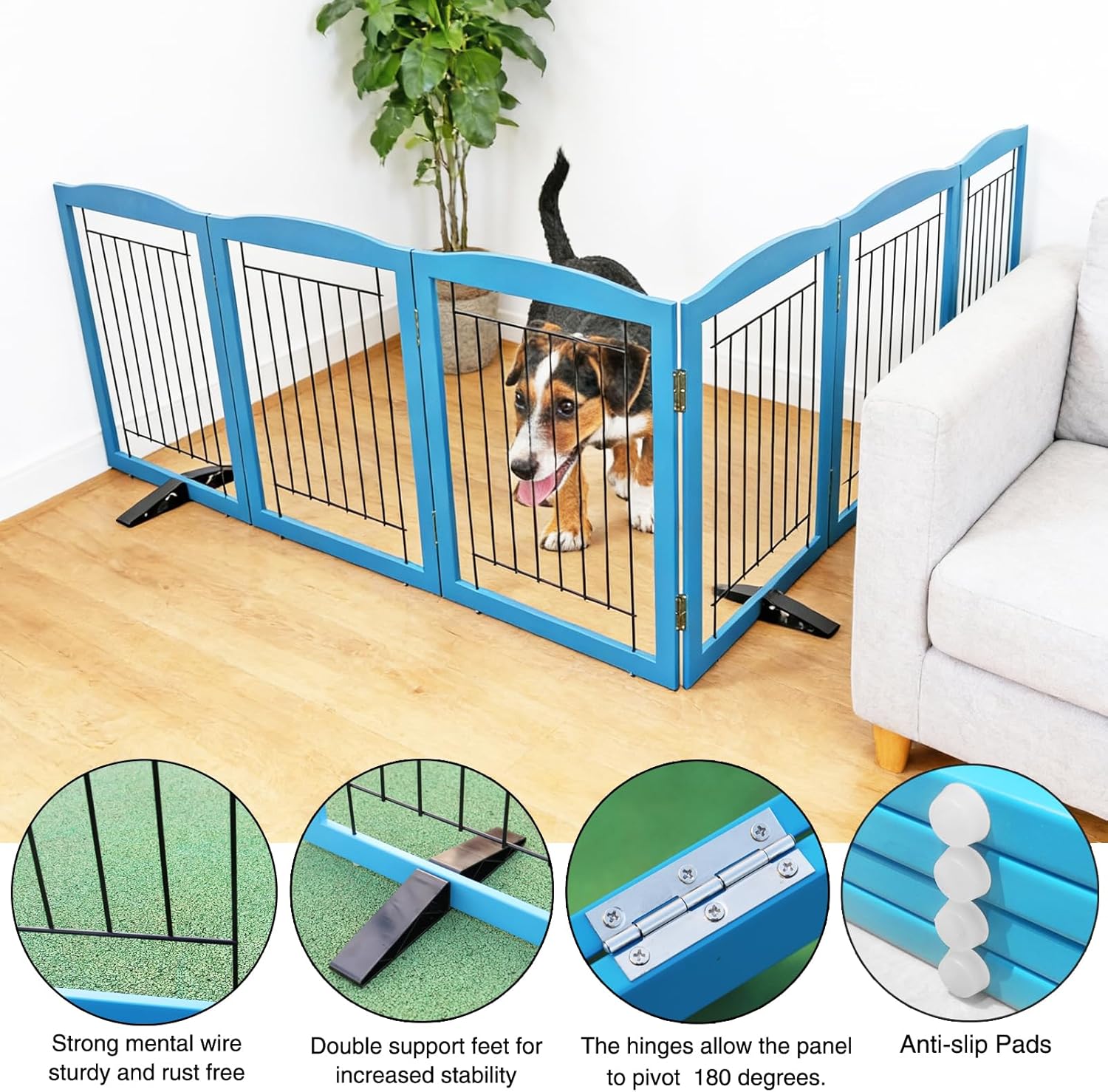 ZJSF Freestanding Dog Fence Indoor, Foldable Dog Gate for Doorways, Stairs or Hallways, Sturdy Wood Extra Wide Pet Gate with Support Feet for The House, Blue, 32 "Height-6 Panels