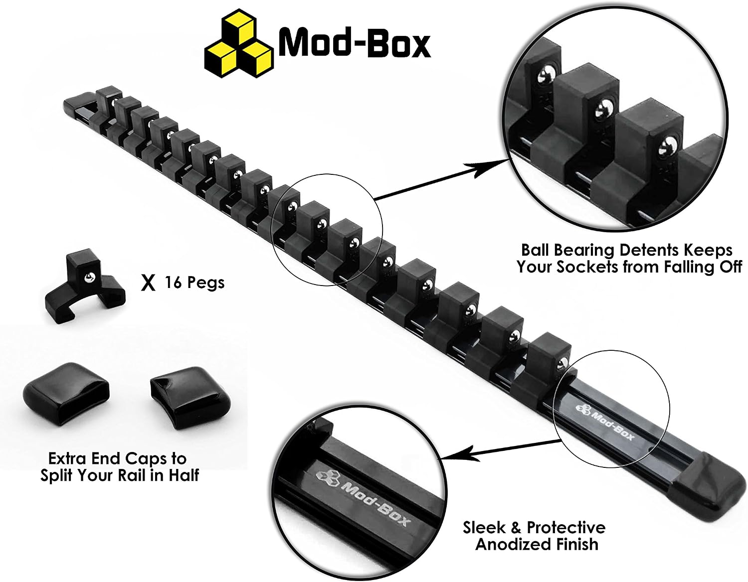 Socket Organizer | 1/2, 3/8, 1/4 Inch Drive | 18, 20, and 24 Clips | Professional Grade Heavy Duty 17 Inch Anodized Aluminum Build | Max Amount of Clips Included | By Mod-Box (1/2, Black)