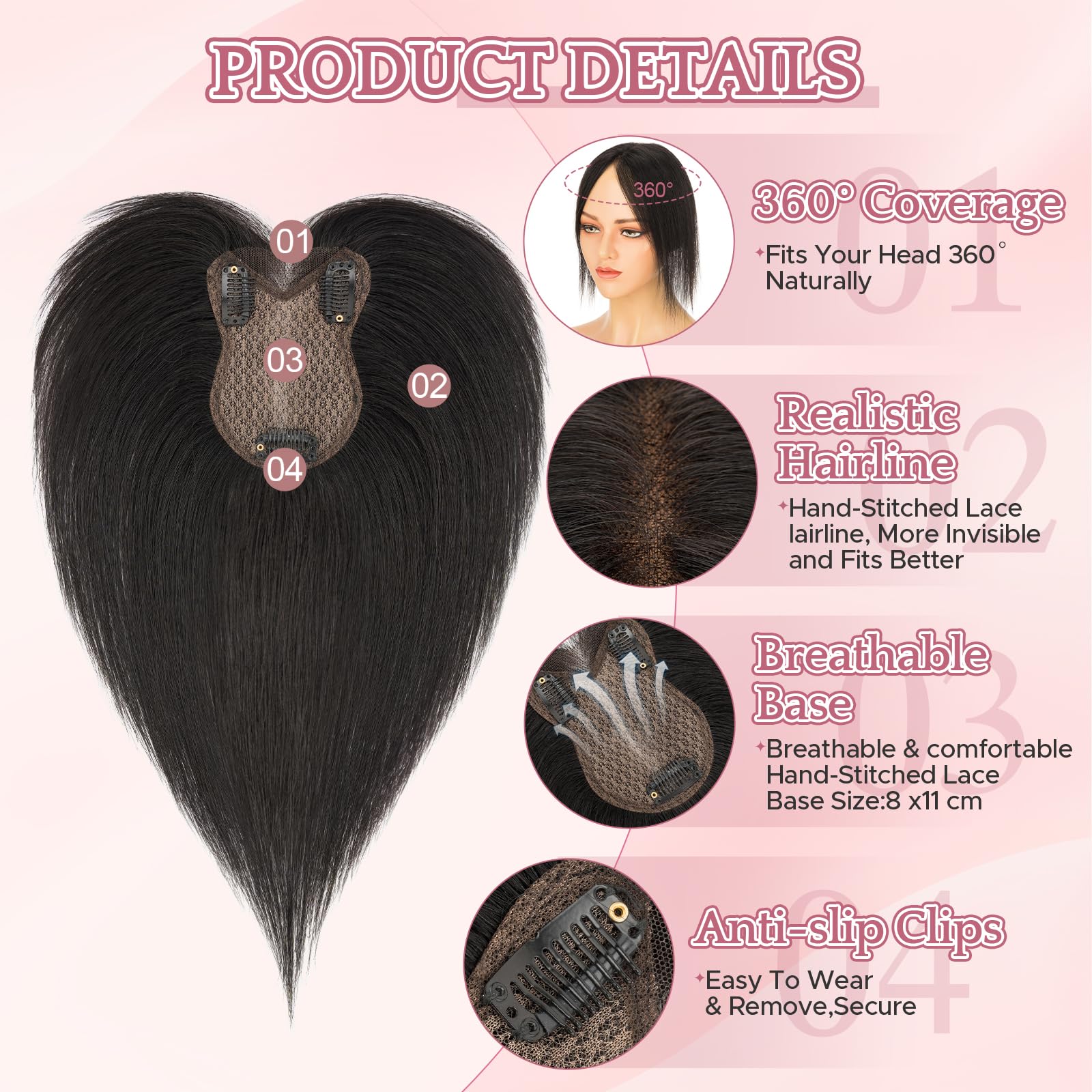 Echthaar Hair Topper für Frauen mit #C - 21g Handgebunden Basis Haar Topper Atmungsaktives Tüllnetz Spitze Basis 100% Echtes Haar Clip in Topper Natürliche Farbe