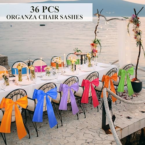 Miniatura 4 de Newwiee 36 cintas de satén para silla, lazos de colores surtidos, elegantes cintas para la espalda, para bodas, fiestas, banquetes, eventos,