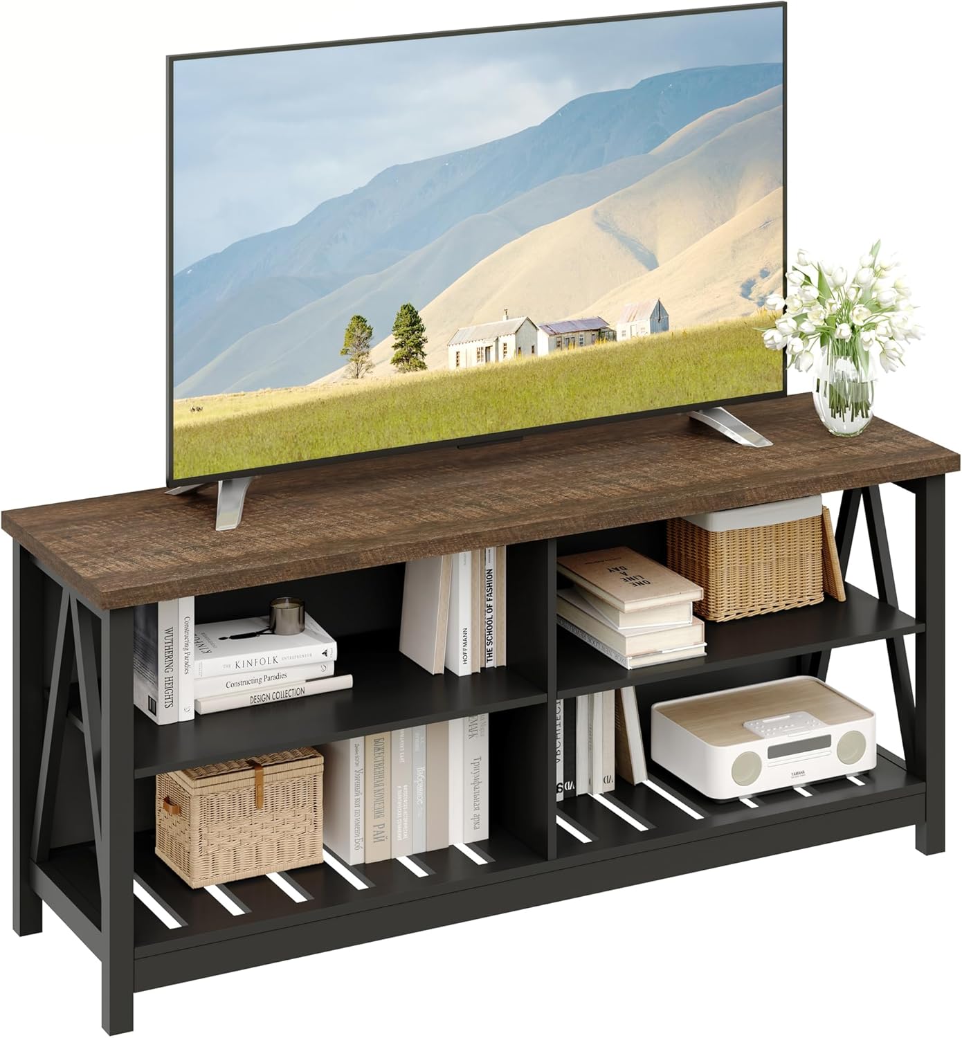 ChooChoo Farmhouse TV Stand for TVs up to 55 Inch, Modern Entertainment Center with 4 Open Shelves & Built-in Cable Holes, Media TV Console for Living Room, Bedroom, Black 47.2 in Black