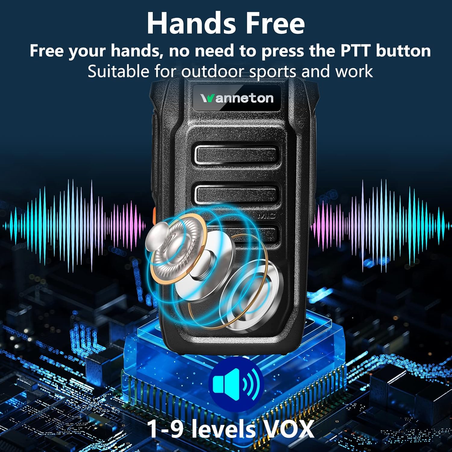 Illustration of the Hands-Free VOX feature with sound waves emanating from the walkie talkie speaker.