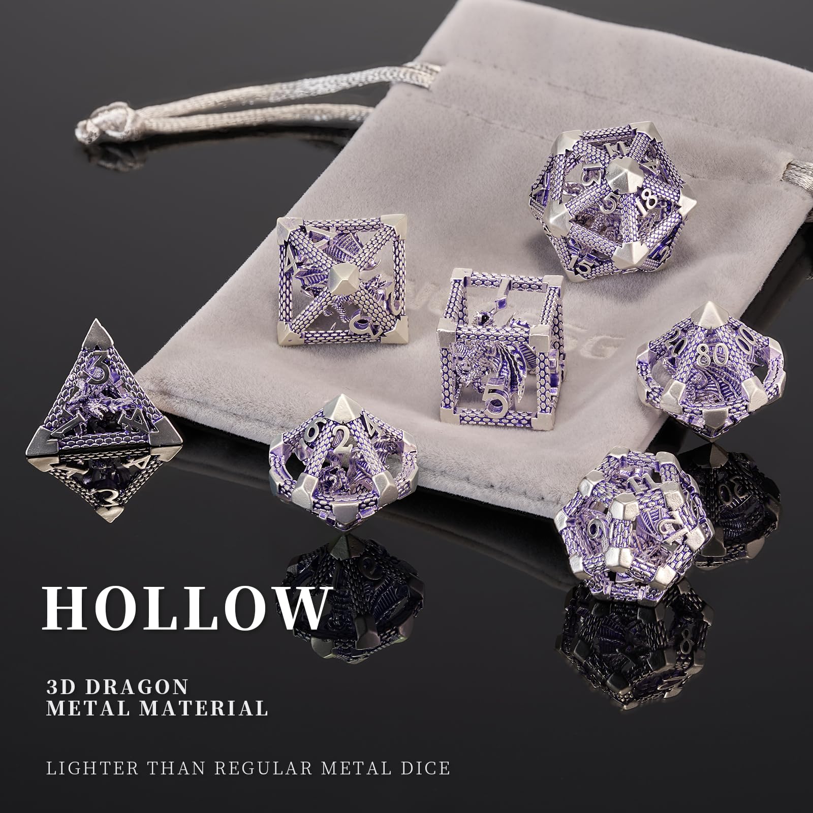 DND Dados, HNCCESG - Juego de dados poliédricos de metal hueco de dragón morado y blanco para juegos de mesa de Dungeons and Dragons RPG MTG (dragón blanco y púrpura)