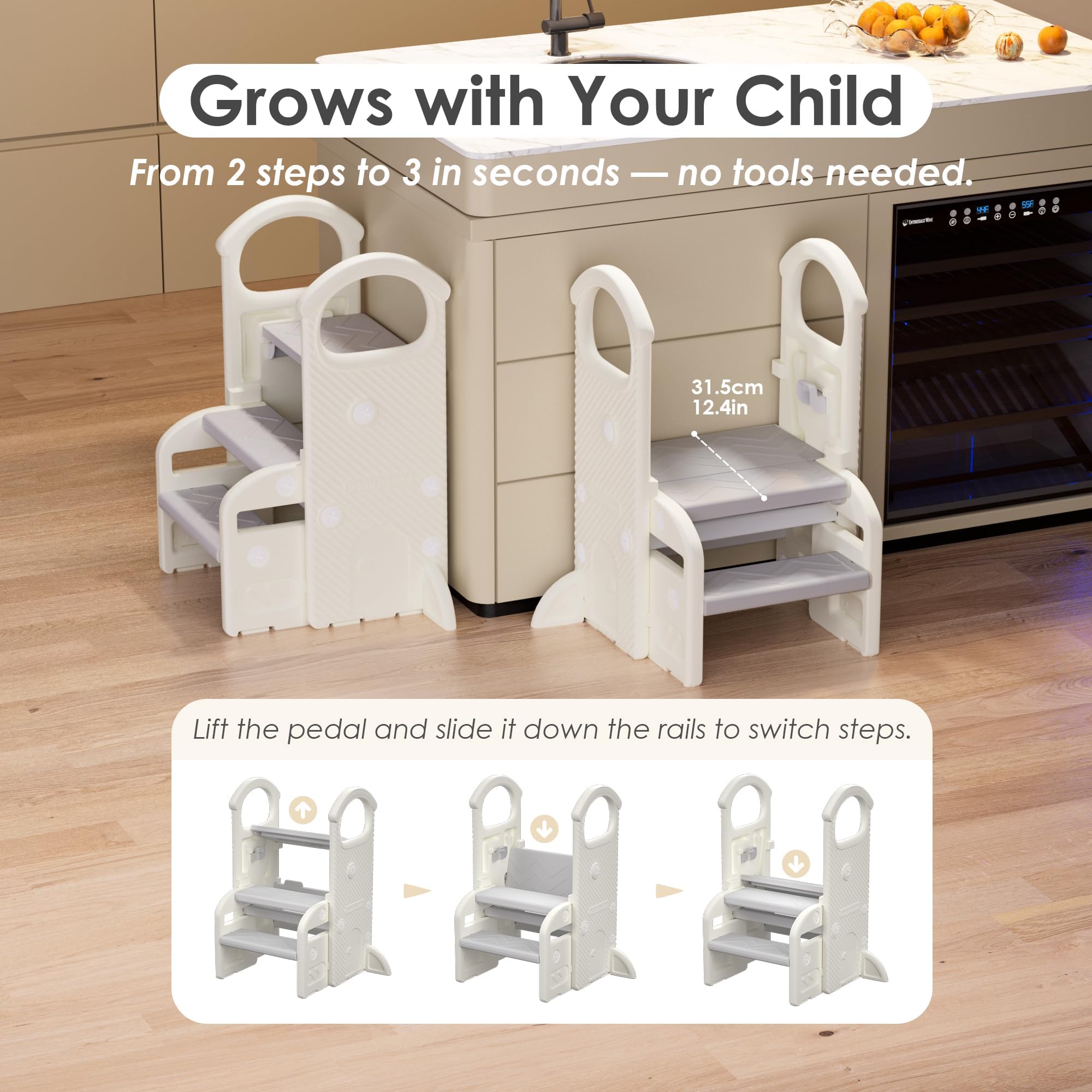 Sgabello Bambini con Maniglie, Scaletta Regolabile a 2 o 3 Gradini, Compatta e Antiscivolo per Bagno, Cucina, WC e Lavandino(Grigio)