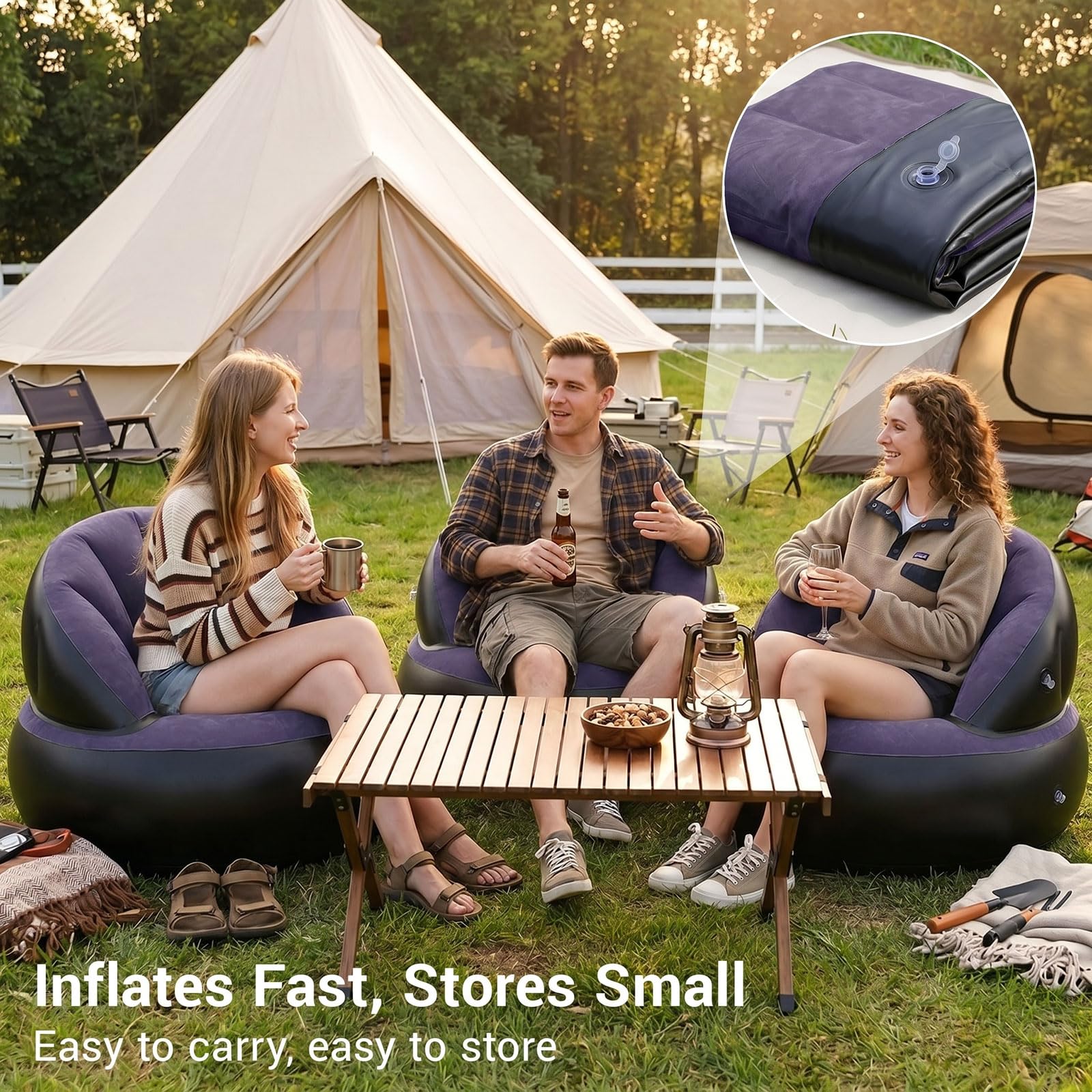 Sitzsack Aufblasbar Luftsofa Couch - Aufblasbares Sofa mit Fußpumpe Beflockt - Camping Sofa Aufblasbar für Indoor Outdoor Balkon Garten