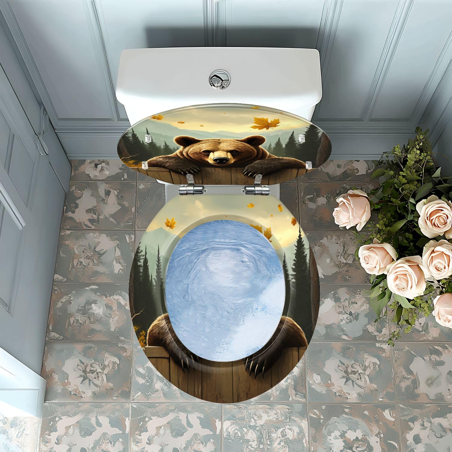 Asiento de inodoro de resina con diseño de oso grizzly para baño.