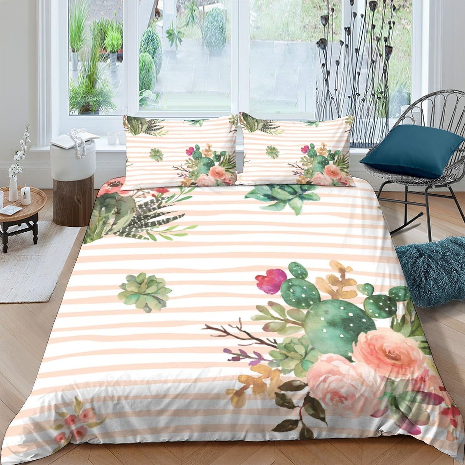 GPLZQXKJNH 3D Printed Botanical Floral Duvet Cover Set Microfiber Soft Breathable Tropical Cactus Bedding with 2 Pillowcases for Bedroom Decor Single（135x200cm）
