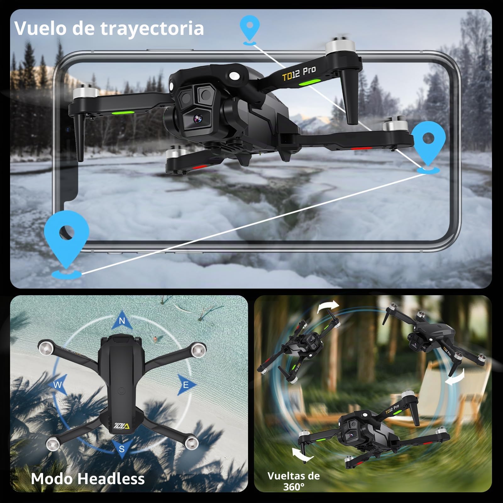 Toladrone TD12PRO Mini Dron con Cámara 1080P, Drones Plegables para Adultos, Motor sin Escobillas, 3 Modos de Velocidad, Posicionamiento por Flujo Óptico, Cuadricóptero RC para Principiantes