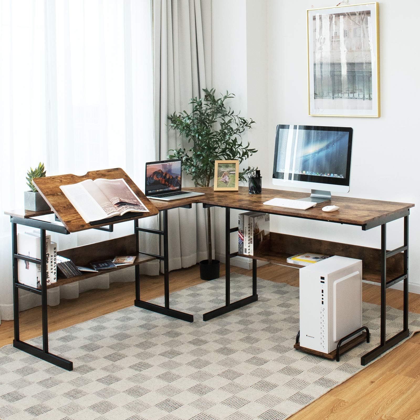 COSTWAY L-förmiger Schreibtisch, Eckschreibtisch aus Holz mit neigbarer Tischplatte, 2 Ablagen & CPU-Ständer, Computertisch für Zuhause & Büro, 170 x 150 x 75 cm (Braun)