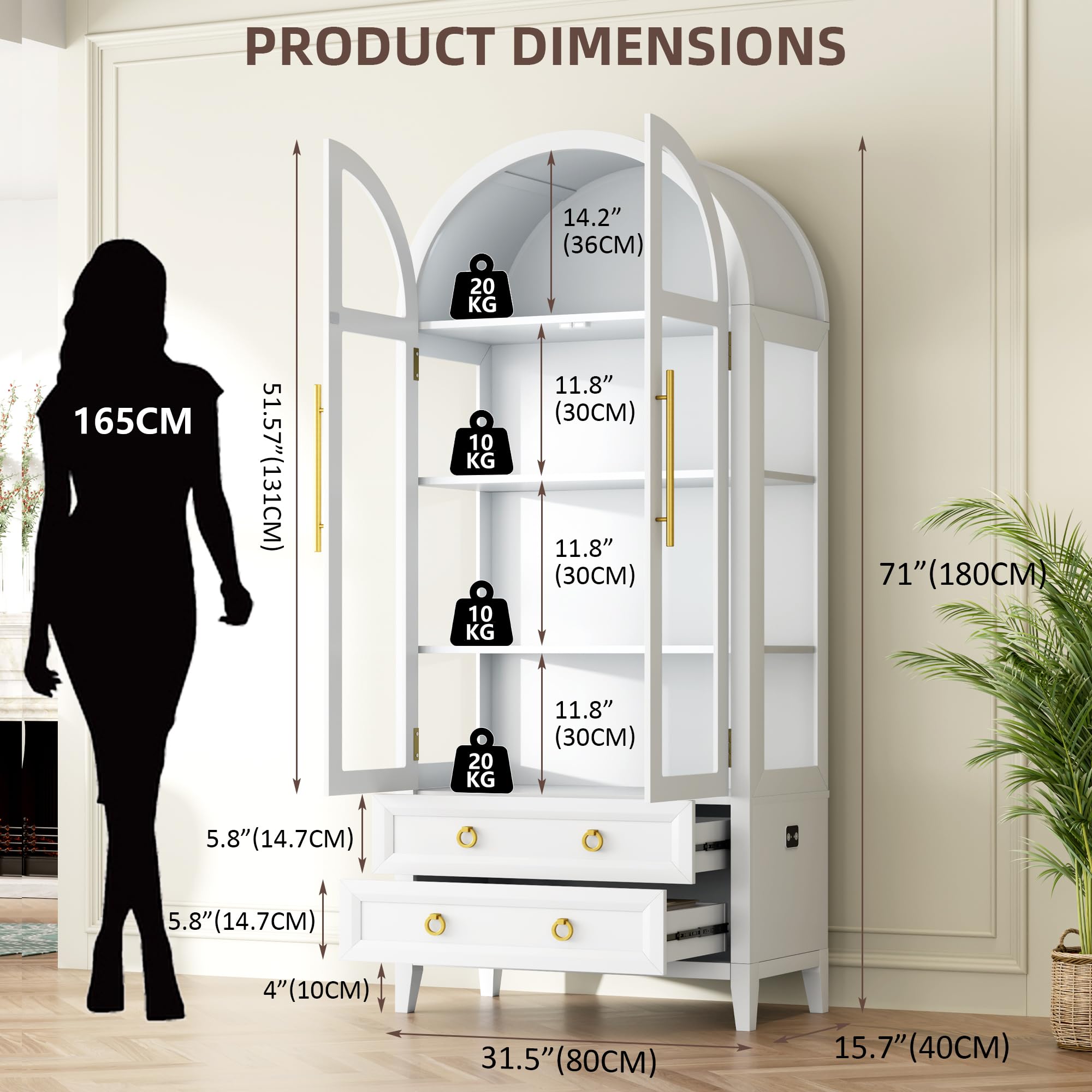 LVSOMT Gewölbte Glasvitrine mit LED Beleuchtung, 180cm Vitrinenschrank mit Glastüren, Bogen Vitrine mit 4 Display Regale und 2 Schubladen, 3 Farbe Licht, Vitrine Glas Holz Wohnzimmer Flur, Schwarz