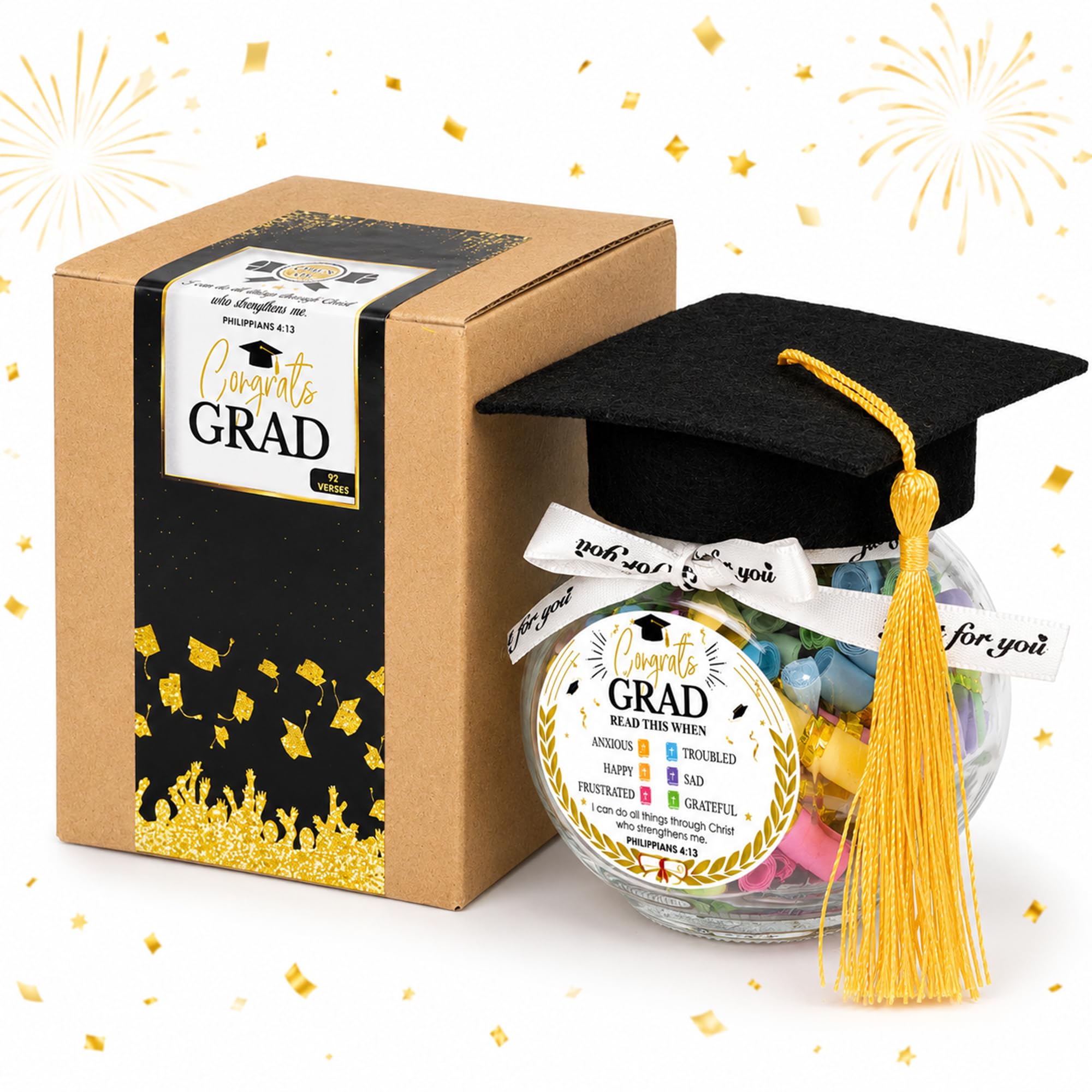 Graduation Bible Verses Jar with Grad Cap and Meaningful Cards, 2026 Graduation Gift for Him Her, Cute Congrats Class Middle High School College Congrats Grad Decor