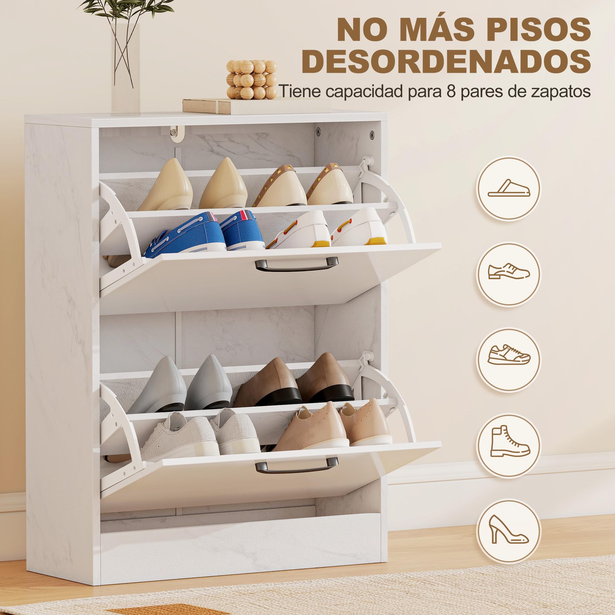 HOMCOM Zapatero Estrecho 2 Puertas de Alto Brillo 60x24x80 cm Blanco | Zapatero Entrada Recibidor, Estantes Ajustables, Diseño Mármol, para 8 Pares de Zapatos, Espacios Reducidos