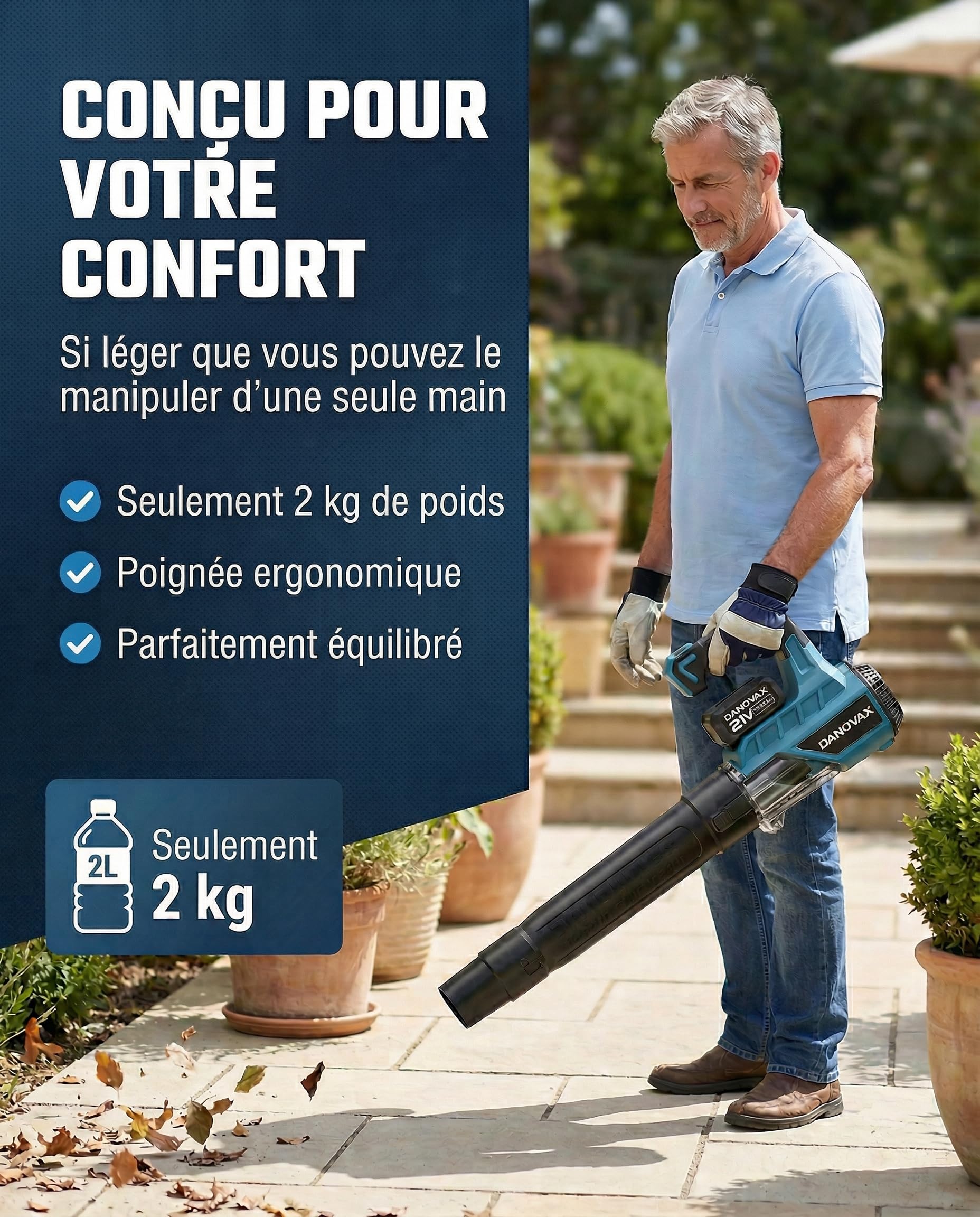 Souffleur Batterie - 2 Batteries 4 Ah Incluses - Moteur Brushless - 3 Vitesses - Grande Puissance de soufflage jusqu'à 260 km/h - Chargeur avec Base - Sac de Transport et Gants Inclus