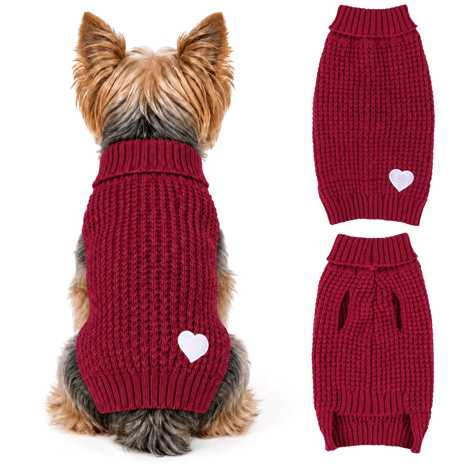 Winmany Dog Sweater for Small Dogs Puppy Solid Color Heart Jumper Chihuahua Yorkie Turtleneck Pullover Clothes Fall Winter Knitwear Outfits (Red, M)