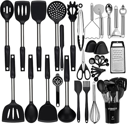 NCUE Juego de utensilios de cocina, 35 piezas de utensilios de cocina de silicona con soporte, con mango de acero inoxidable, cucharas, servidor de