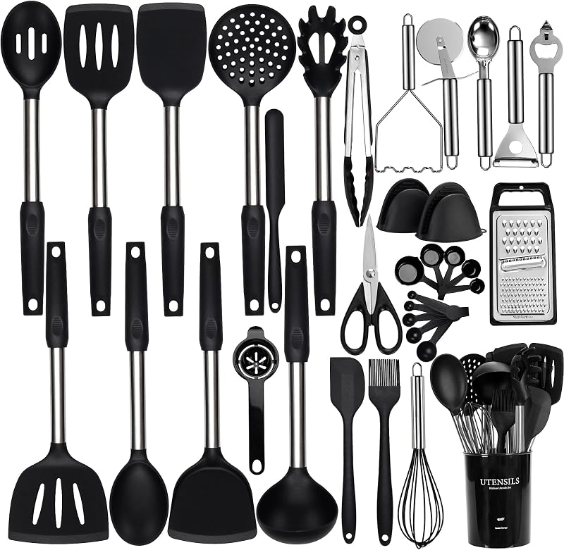 NCUE 35 Pcs Silicone Cooking Utensils Set BPA Free 446°F Heat Resistant | Stainless Steel Handles Kitchen Utensils Set, Thickened Heads Silicone Grips Nonstick Dishwasher Safe for Baking Housewarming