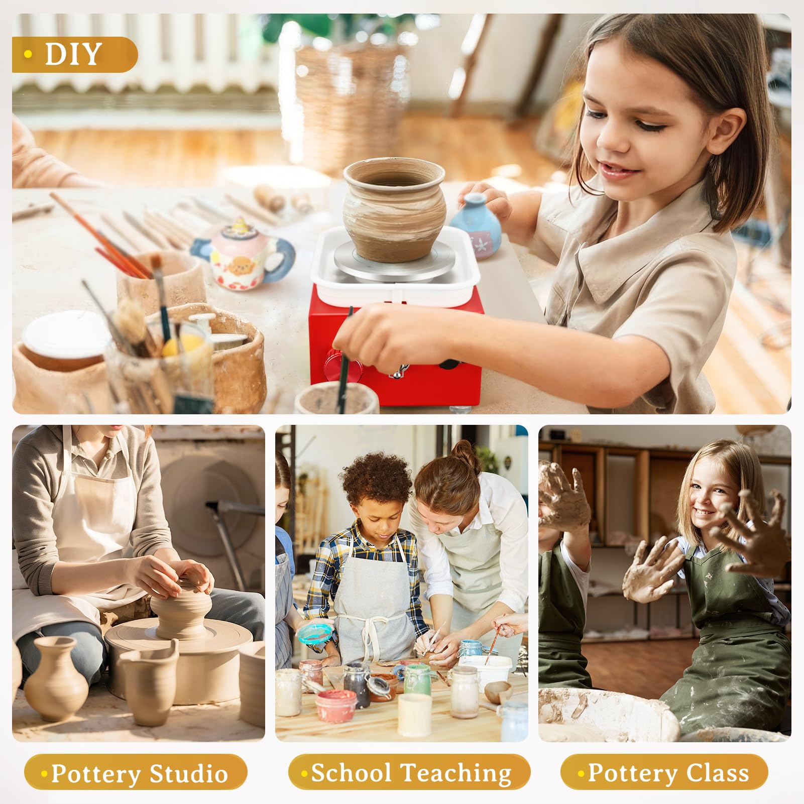 Töpferscheibe, Kooeuru Töpferscheibe Elektrisch 2000 U/min Einstellbare Geschwindigkeit, Pottery Wheel mit 10/6,5 cm Großen Platten, Formwerkzeugen, Töpferscheibe Kinder und Erwachsene (Rot)
