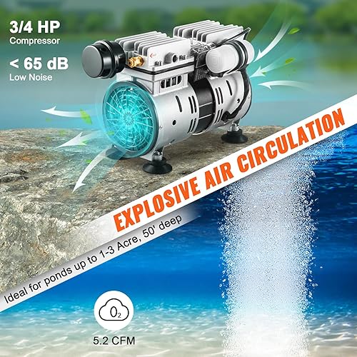Miniatura 3 de VEVOR Aireador de estanque potencia de 550 W 52 CFM para lago de hasta 3 acres de 50 pies kit de aireación de estanque incluye compresor y