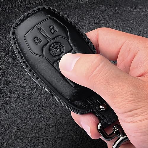 Miniatura 6 de Tukellen Funda de cuero para llavero con llavero compatible con Ford Fusion 2013-2016 2015-2017 Ford Mustang F-150 Explorer-negro