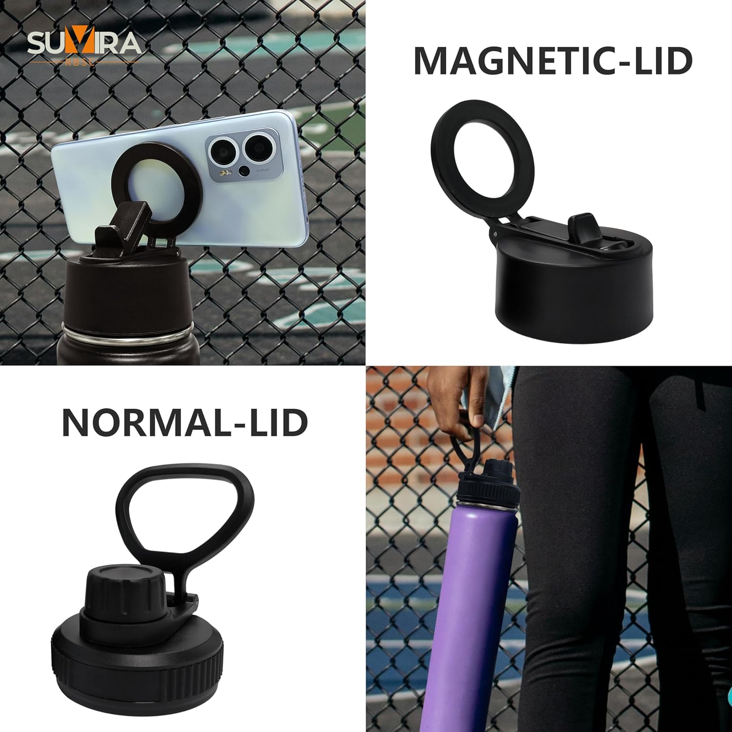 Insulated Water Bottle 25 & 32Oz with Magnetic Phone Holder Lid – Double Wall Stainless Steel, Leakproof, Keeps Ice 48 Hours, Gym & Outdoor, BPA-Free. (Purple, 25 Ounces)