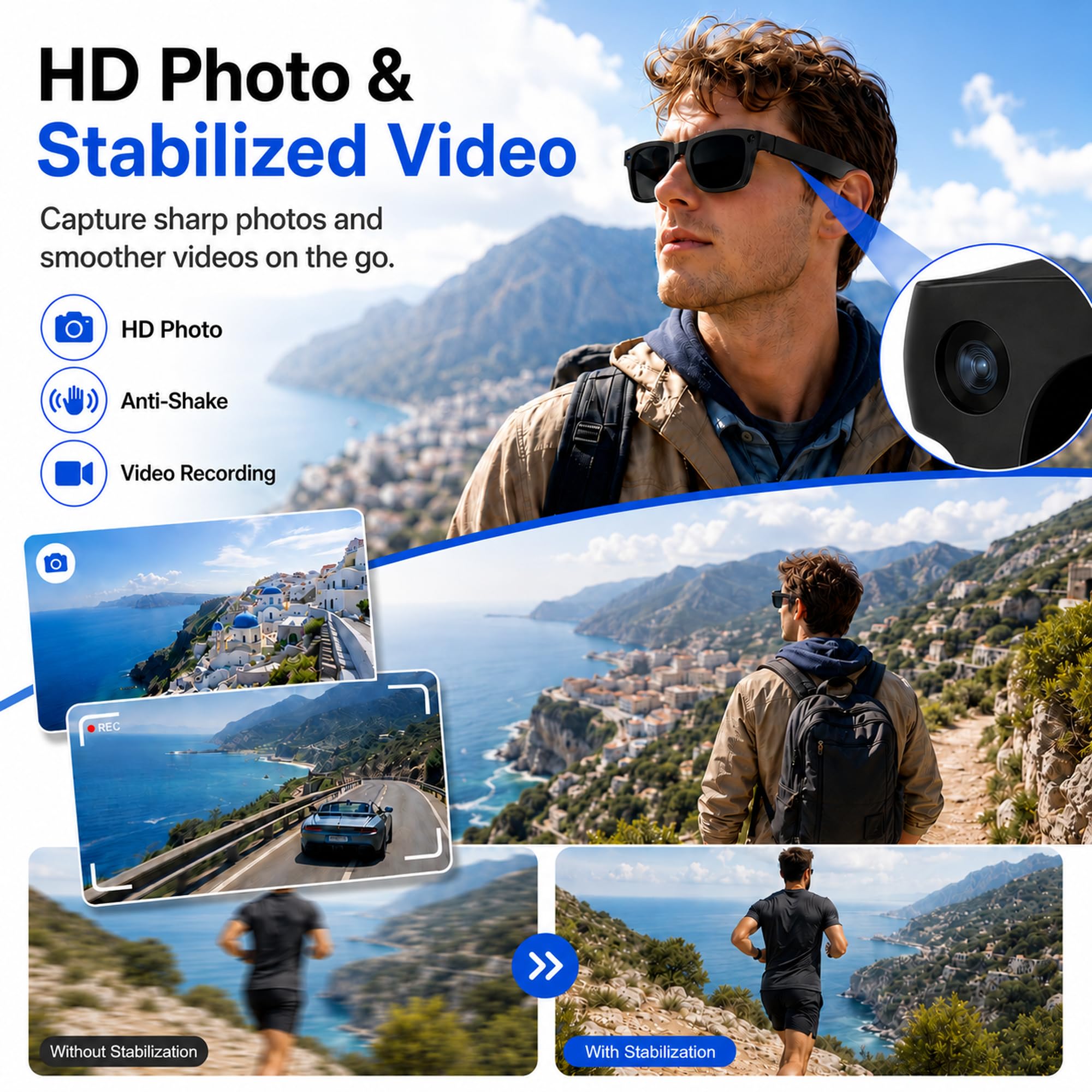 AI Smart Glasses Lunettes Intelligentes avec Caméra Vidéo Appels Bluetooth | Lunettes Connectées IA Caméra 8MP Vidéo 1080P EIS Traduction en Temps Réel Reconnaissance d’Objets IA Musique Vlog et Voyage