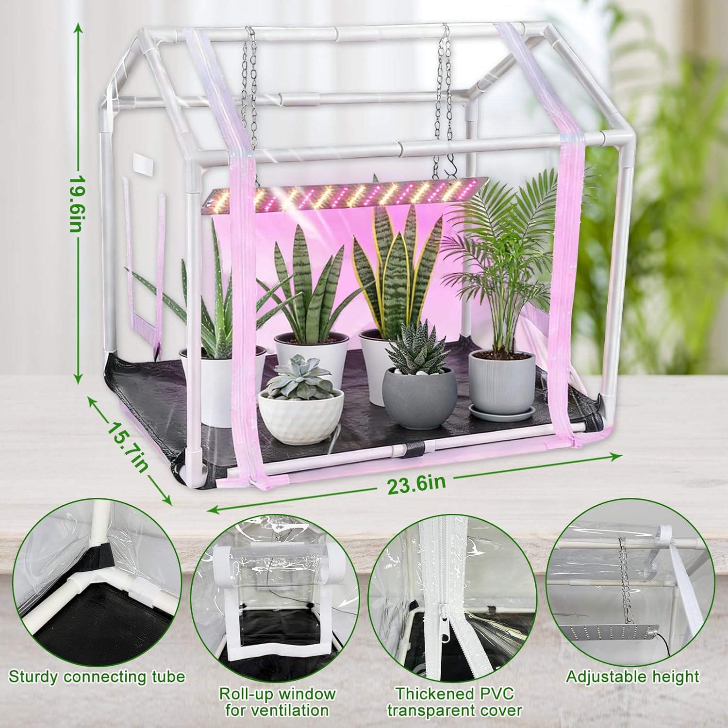 Mini Greenhouse with Grow Light for Indoor, PVC Planting Tent with Waterproof Mat & Zipper Door,15W Full-Spectrum LED Plant Grow Light and Timer for Seed Starter Tray for Indoor and Outdoor Plants