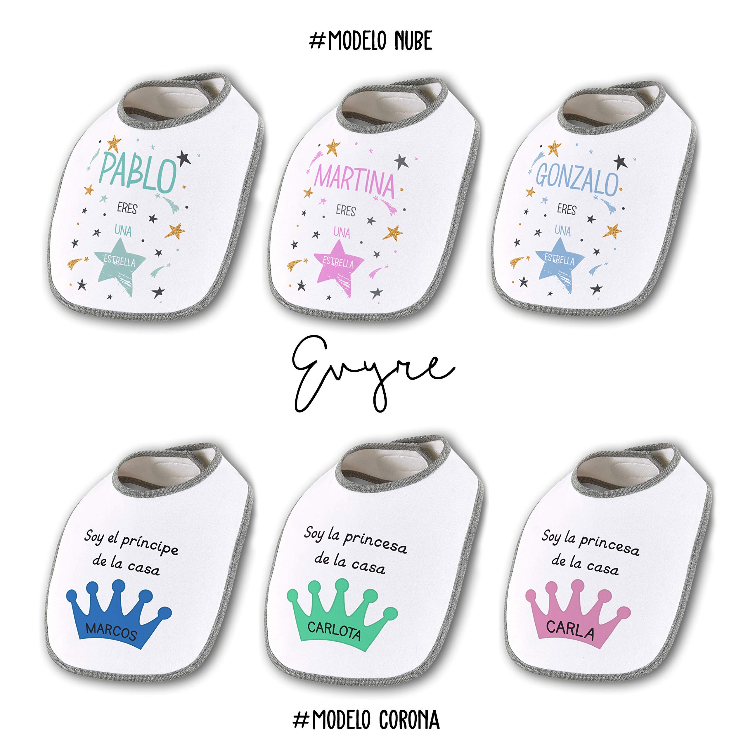 Canastilla bebé personalizada con placa decorativa, funda cojín, body y babero. Regalo original para un recién nacido niño y niña/Pack Corona o Nube