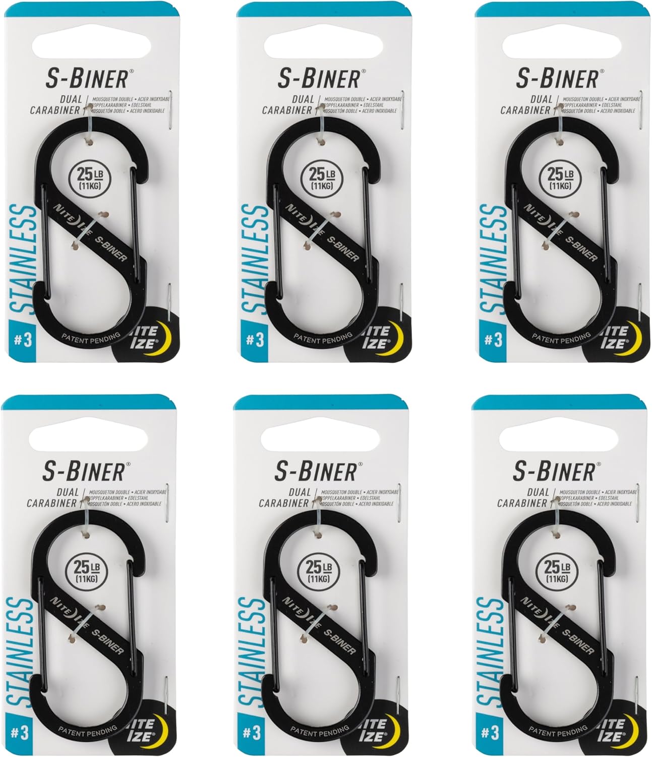 Nite Ize S-Biner Stainless Steel Dual Carabiner - Multi Purpose Dual Carabiner Clip - Great for Camping Supplies & Hiking Essentials - Secure Key Holder - Size 3, Black (6 Pack)