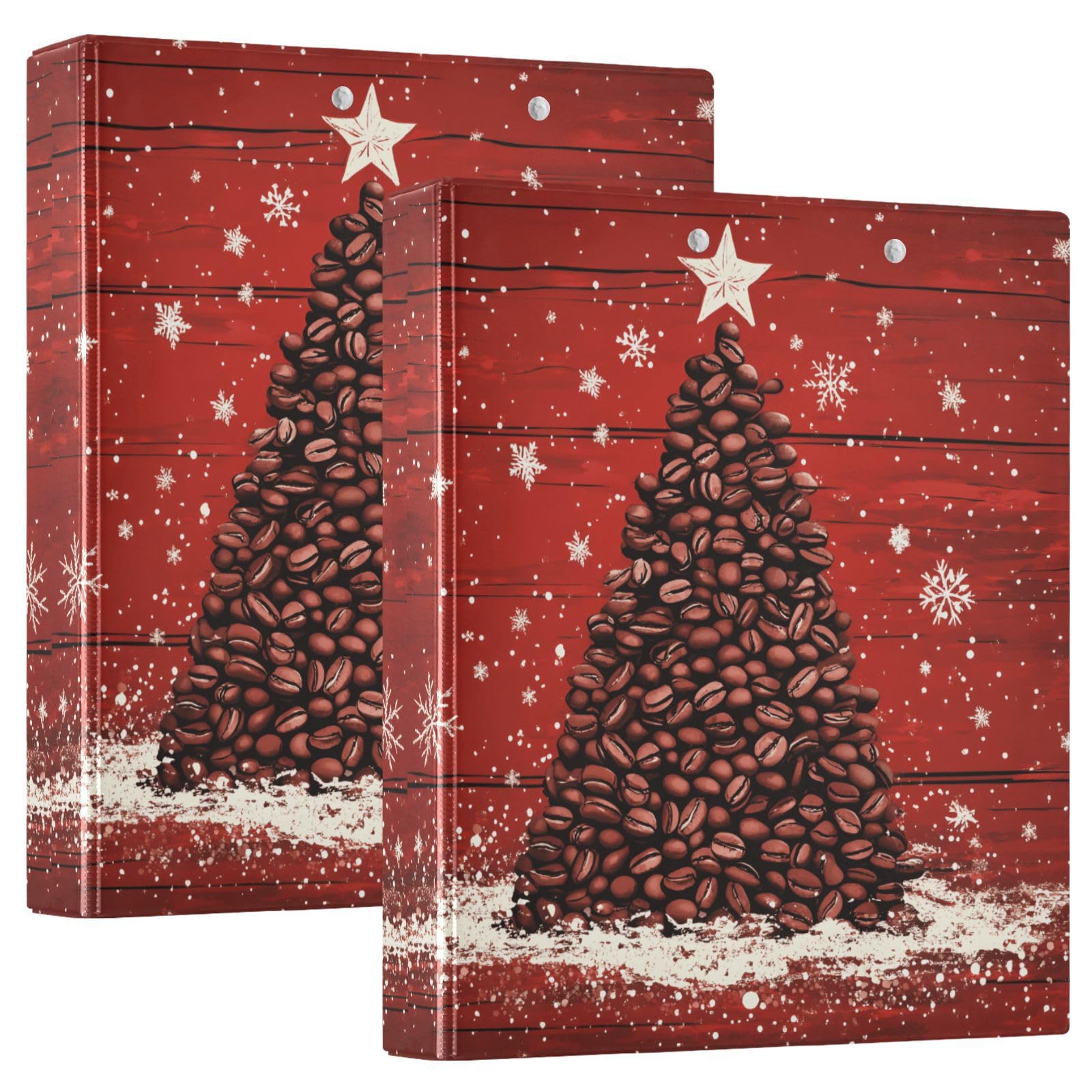 Confezione da 2 raccoglitori a 3 anelli, motivo albero di Natale, chicchi di caffè, 3,8 cm, con 3 tasche trasparenti, portablocco e contiene 200 fogli, per ufficio, scuola, organizzazione