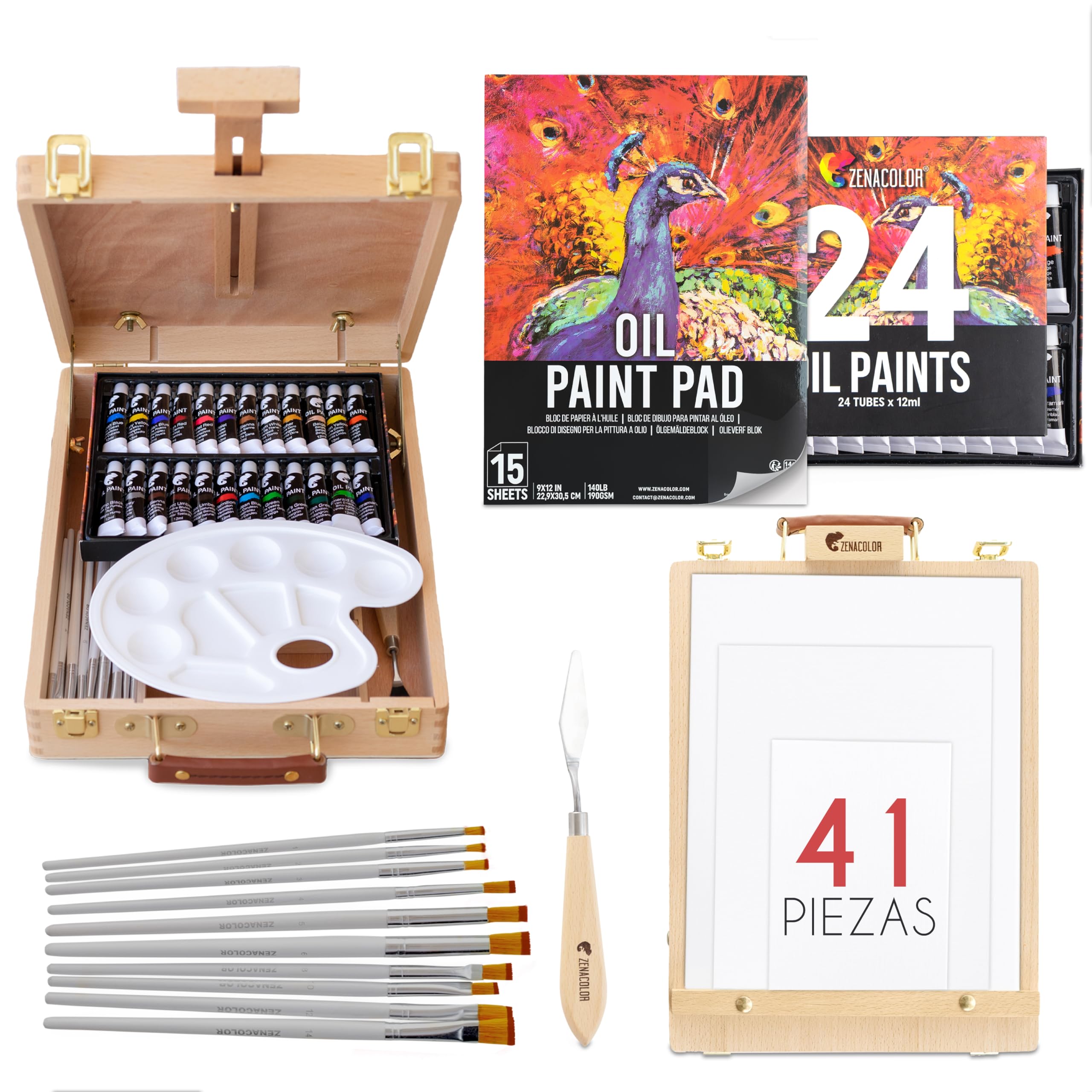 Caballete Pintura al óleo 41 Piezas - 24 Tubos de Pintura al Oleo, 3 lienzos para pintar, 1 Bloc, 10 Pinceles, Espatula, 1 Paleta, 1 Caballete