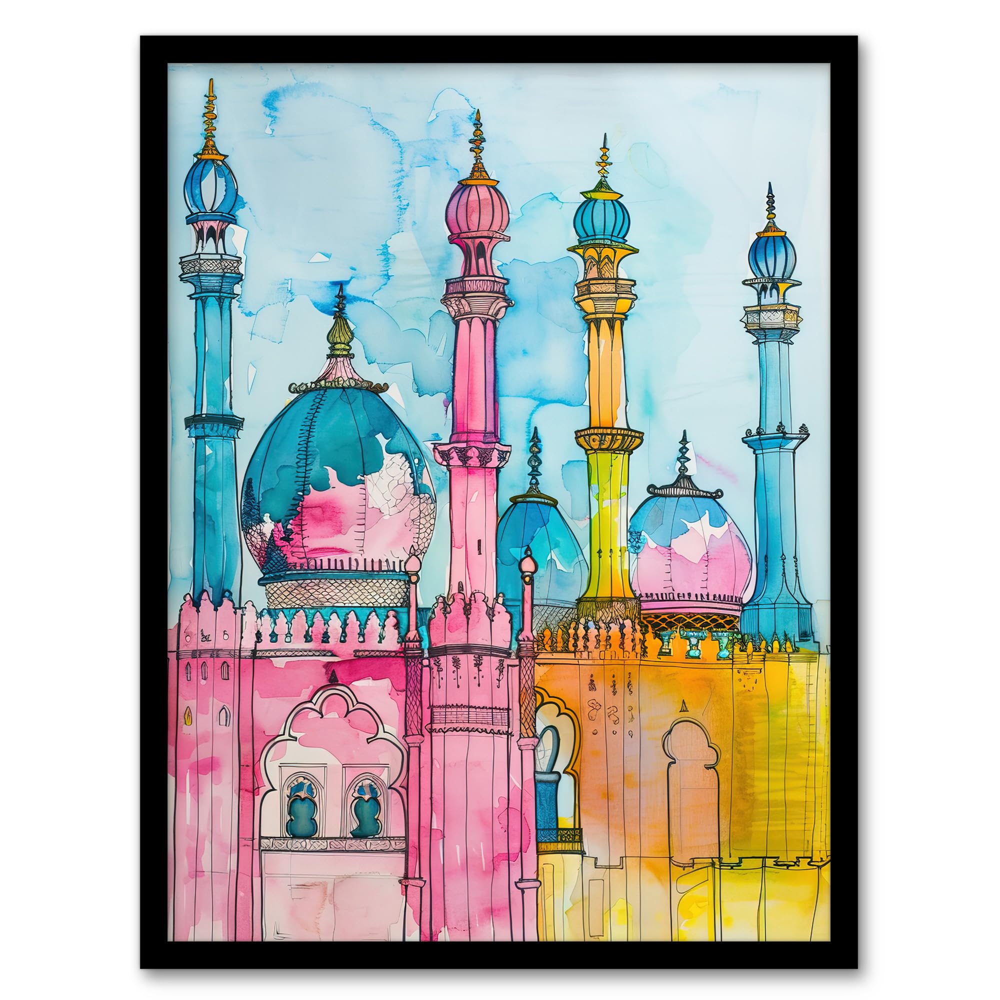 Artery8 Brighton Royal Pavilion Colourful Watercolour Wall Art PrintA4 Size from B&Q