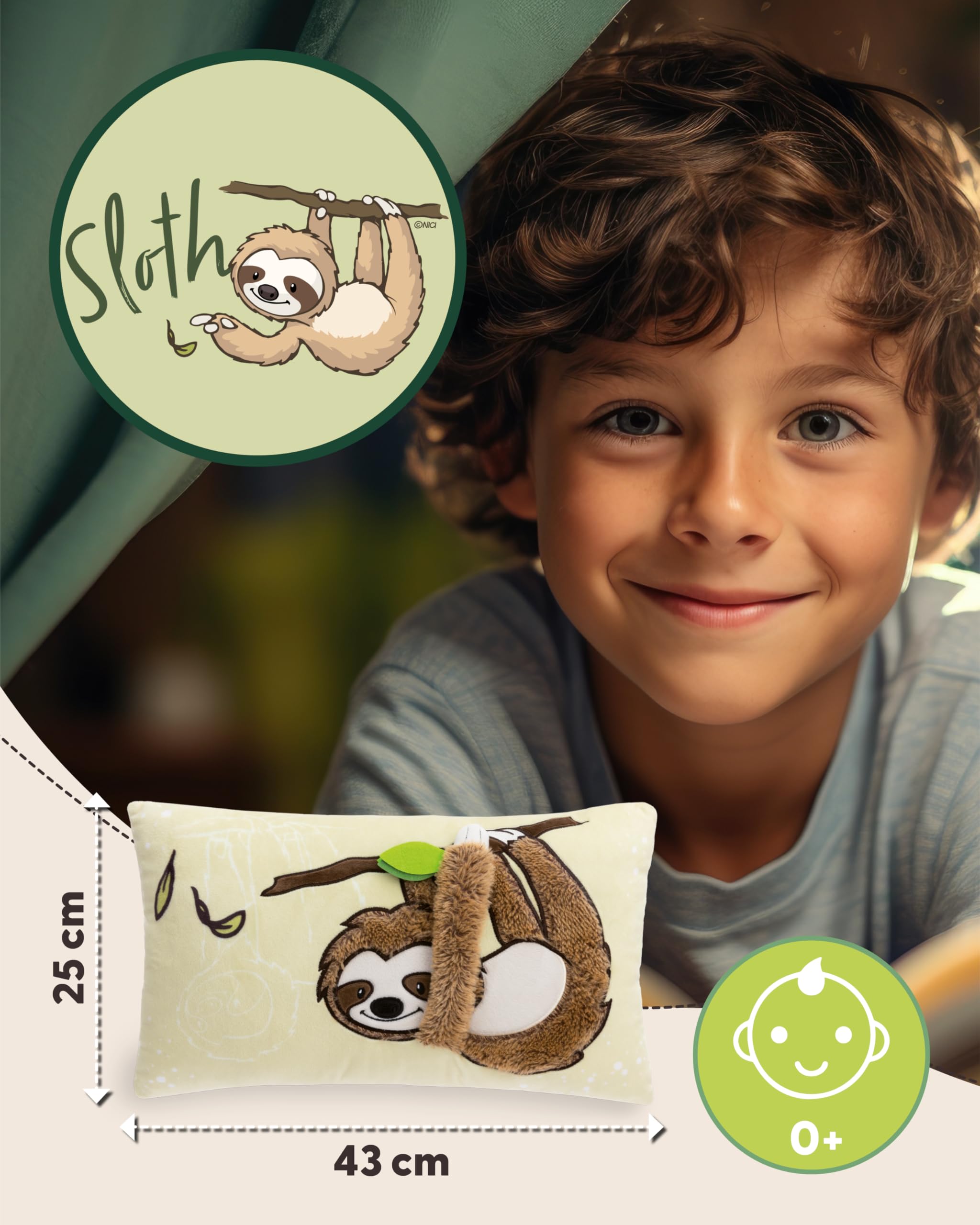 NICI Kinder Kissen Faultier Slobby 43x25cm braun - Flauschiges Kuschelkissen für Kinder und Kuscheltierliebhaber: ideal für Zuhause, Kindergarten oder unterwegs - 61216