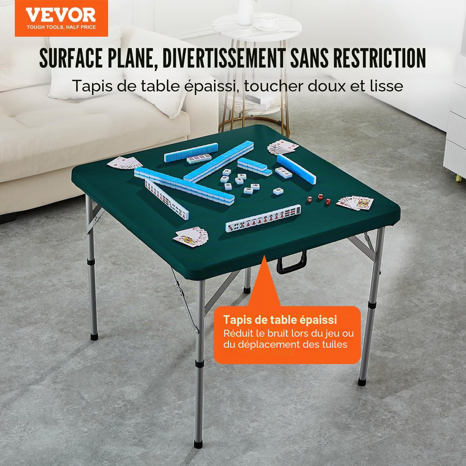 VEVOR Table de Mahjong Pliable, Table de Jeu de Cartes pour 4 Joueurs, avec Plateau Vert Résistant à l'usure, Table de Dominos Portable avec Poignée de Transport, pour Puzzles Poker, 86x86x74 cm