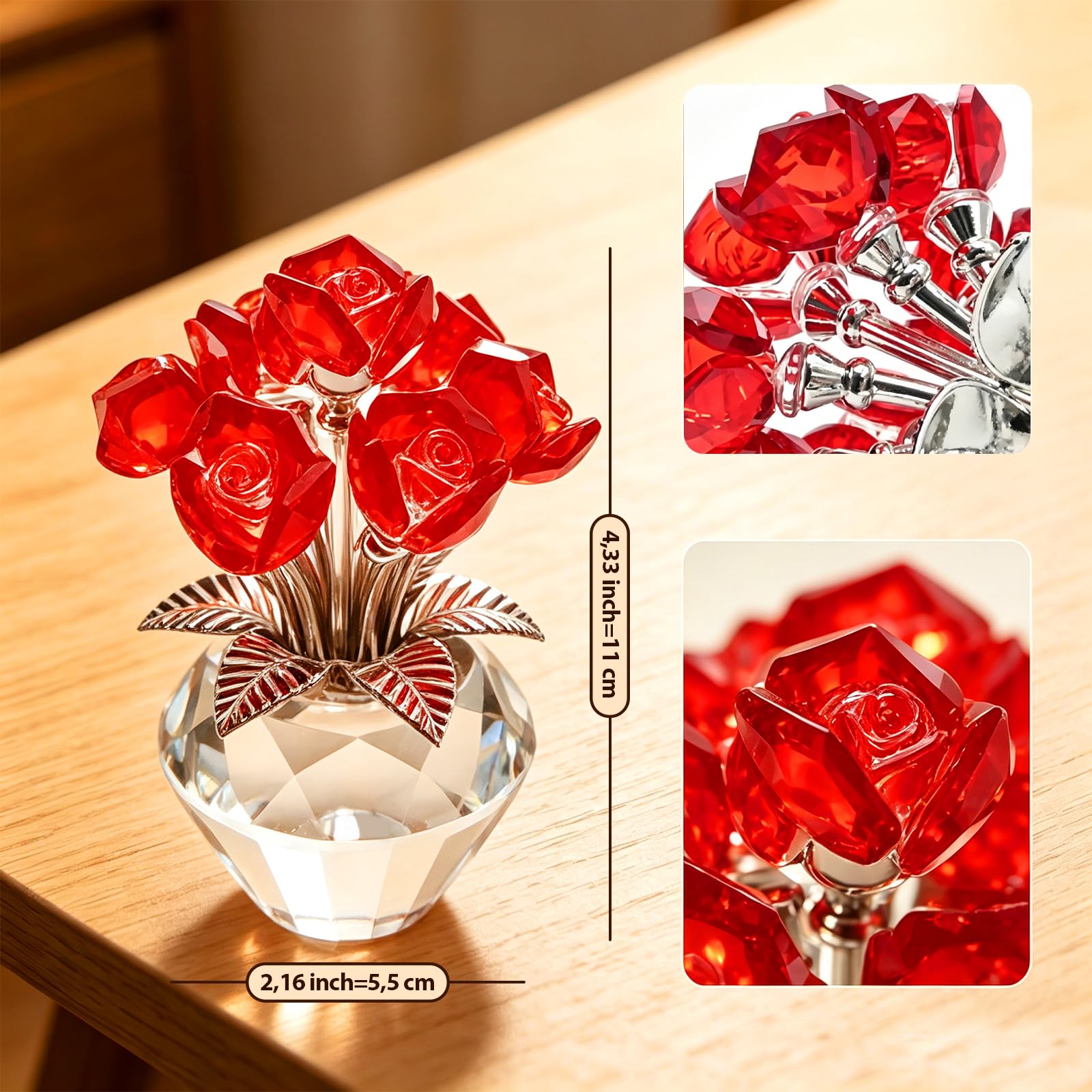 Hoypeyfiy Rote Kristallrosen, Kristallrosen in Einer Diamantvase, Ideal Als Wohnaccessoire Oder Als Romantisches Geschenk