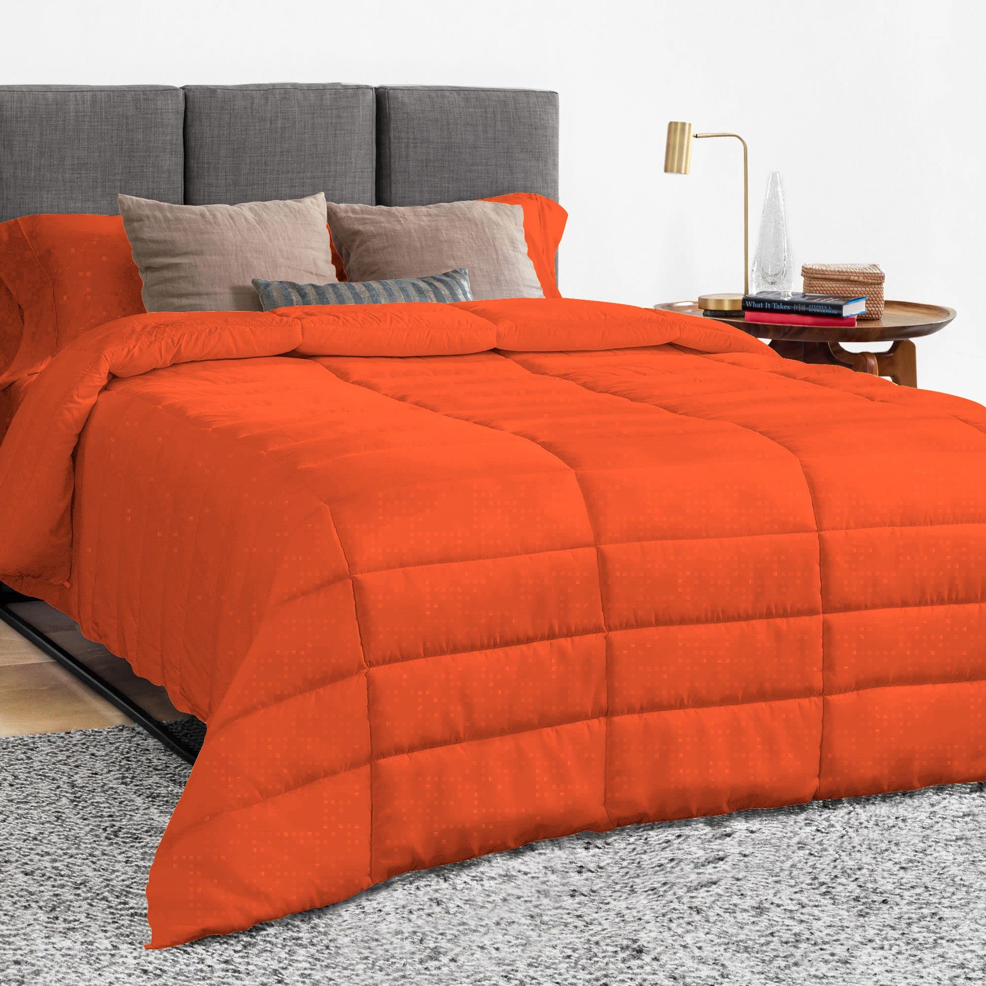 Tony's Textiles 1 Piece Luxury Long Box Pattern Comforter Premium |Super Soft 450 GSM All Season, 1000 Thread Count, 100% Egyptian Cotton, Full/Queen Size - Orange Color