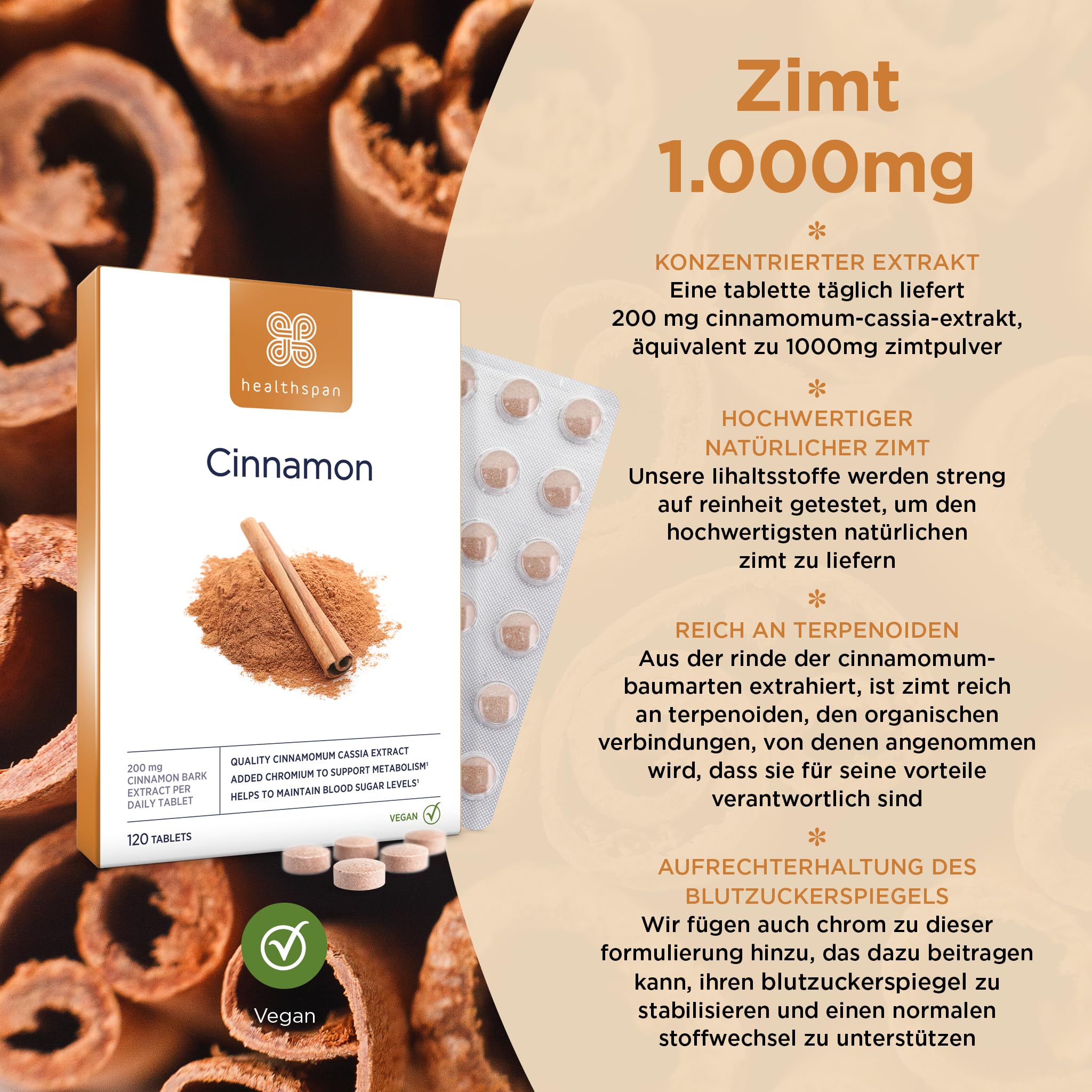 Healthspan Zimt 1.000 mg (120 Tabletten) | Unterstützt den Stoffwechsel | Chrom zur Aufrechterhaltung des Blutzuckerspiegels | Inspiriert von der ayurvedischen Kultur | Vegan