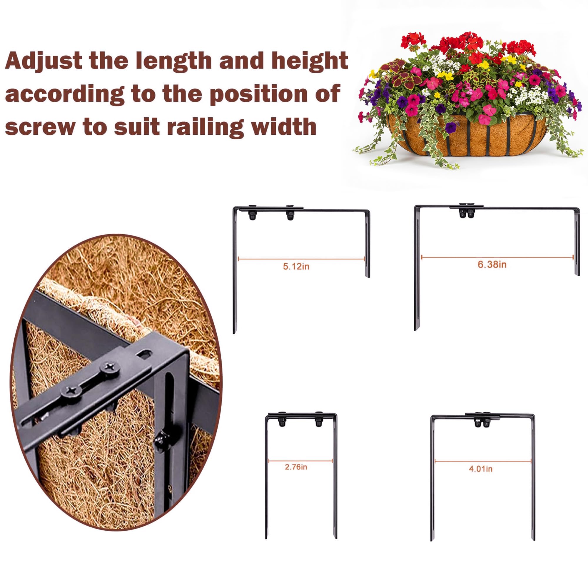 2 fioriere per ringhiere da 40,6 cm, fioriere per ringhiere con rivestimento in cocco, fioriere in metallo da parete, per esterni, balcone, portico, recinzione, patio