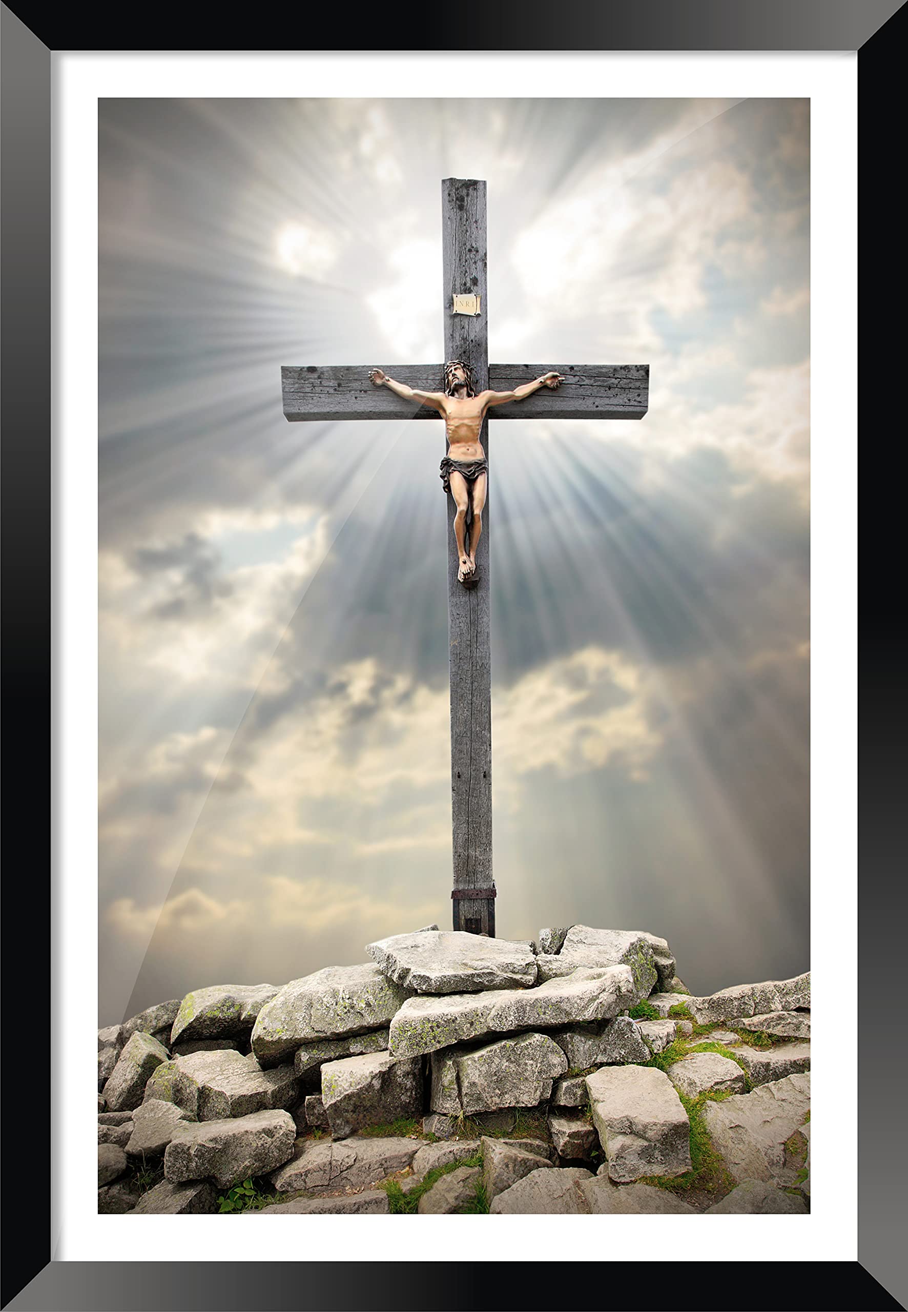 DBrush Lord Jesus Christ Cross Poster Framed Original Glass Religious Synthetic Wood Blessing wall Hanging for Decor Office Wall Art 12x18 Inch Jesus Cross On Rock (Frame Width:- 1 Inch,Black)