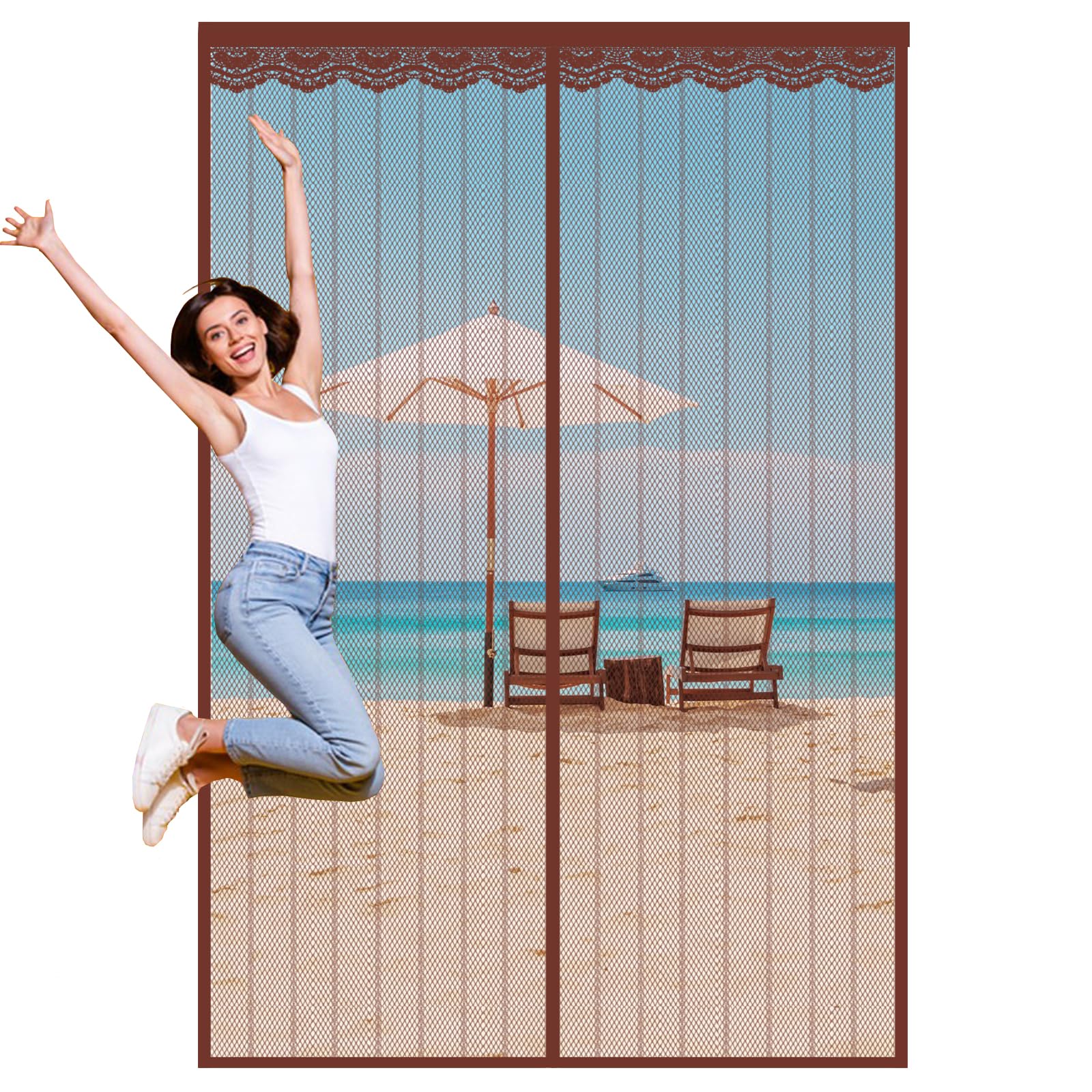 Magnetic Fly Screen Door,Fly Screens for Doors,Heavy Duty Bug Mesh Curtain with Powerful Magnets,Anti Mosquito Mesh Fly Curtain,Fly Nets for Doors Without Drilling,Keep Fly Bug Out,Custom Size,Brown