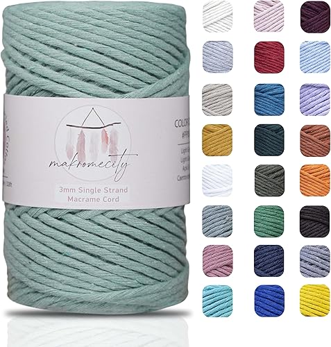 Makromecity, Cordón de macramé de una sola hebra de 0.118 in x 100 yardas (300 pies) de 0.118 in, cuerda de algodón color verde crepé simple para