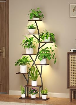 Plant Stand Indoor with Grow Lights 65" Tall Plant Shelf Corner Lighted Plant Stands for Indoor Growing Multiple Metal 8 Tiered Large S-Shape Display Shelves Plant Rack for Home Decor Patio Balcony