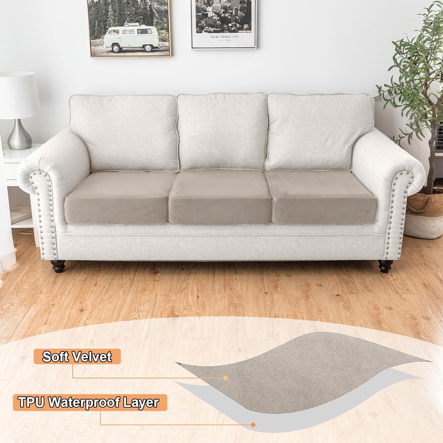 naisi waterproof couch cushion covers thick velvet fabric washable sofa slipcovers 3 pieces individual sectional couch covers with elastic bottom(3 pcs for 3-seat or backrest,light taupe) light taupe 3 pc seat cover or backrest