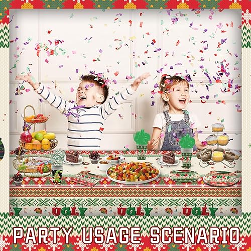 Miniatura 5 de Juego de vajilla de fiesta de Navidad  Sirve 25 suministros de fiesta de suéter feo, platos desechables, mantel, vasos, tenedores, cucharas,