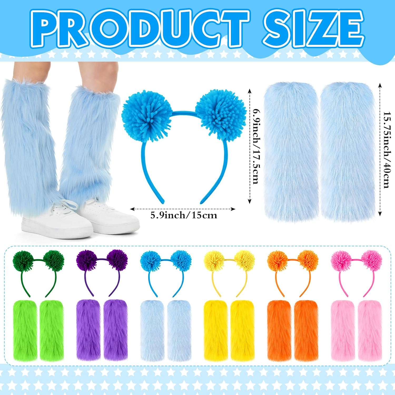 Suncalla 12 Pcs Halloween Bear Ear Headband Costume Fuzzy Leg Warmers Colorful Fluffy Pompom Ball Headband for Party Cosplay
