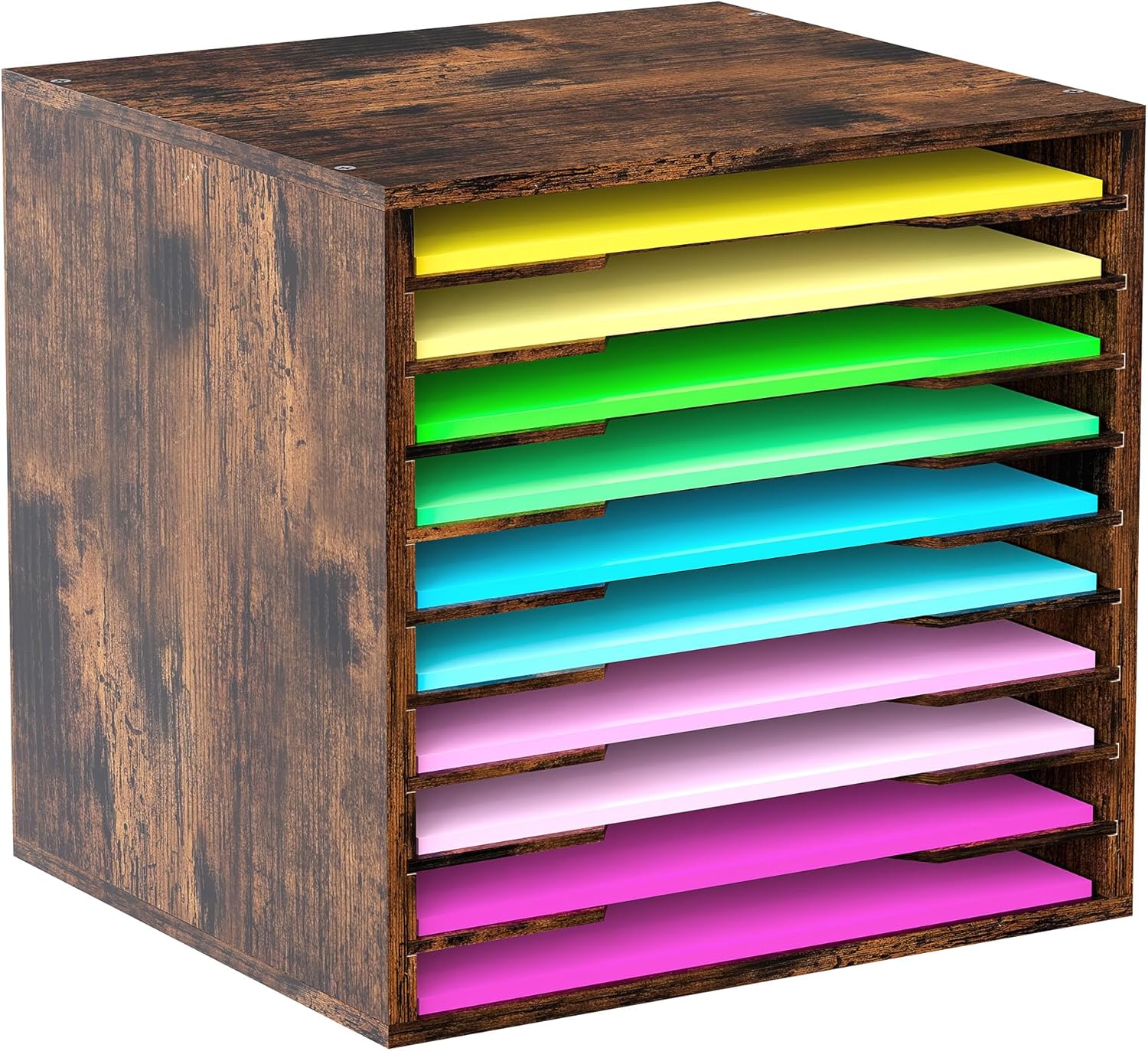 10 Slots Scrapbook Paper Storage Organizer, Wood Craft Storage Bins with Adjustable Shelves, Stackable Desk Paper shelf Organizer for Art Room, Classroom, Office, Home (Blacke/Antique)