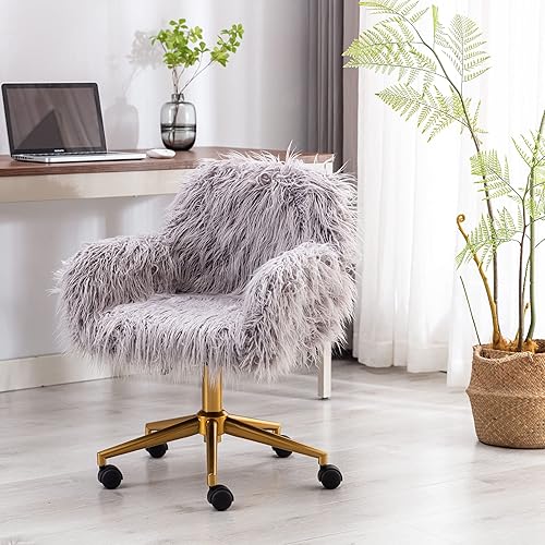 Goujxcy Bonita silla de escritorio esponjosa para niñas y mujeres, cómoda y moderna silla de oficina en casa con ruedas, elegante silla giratoria de