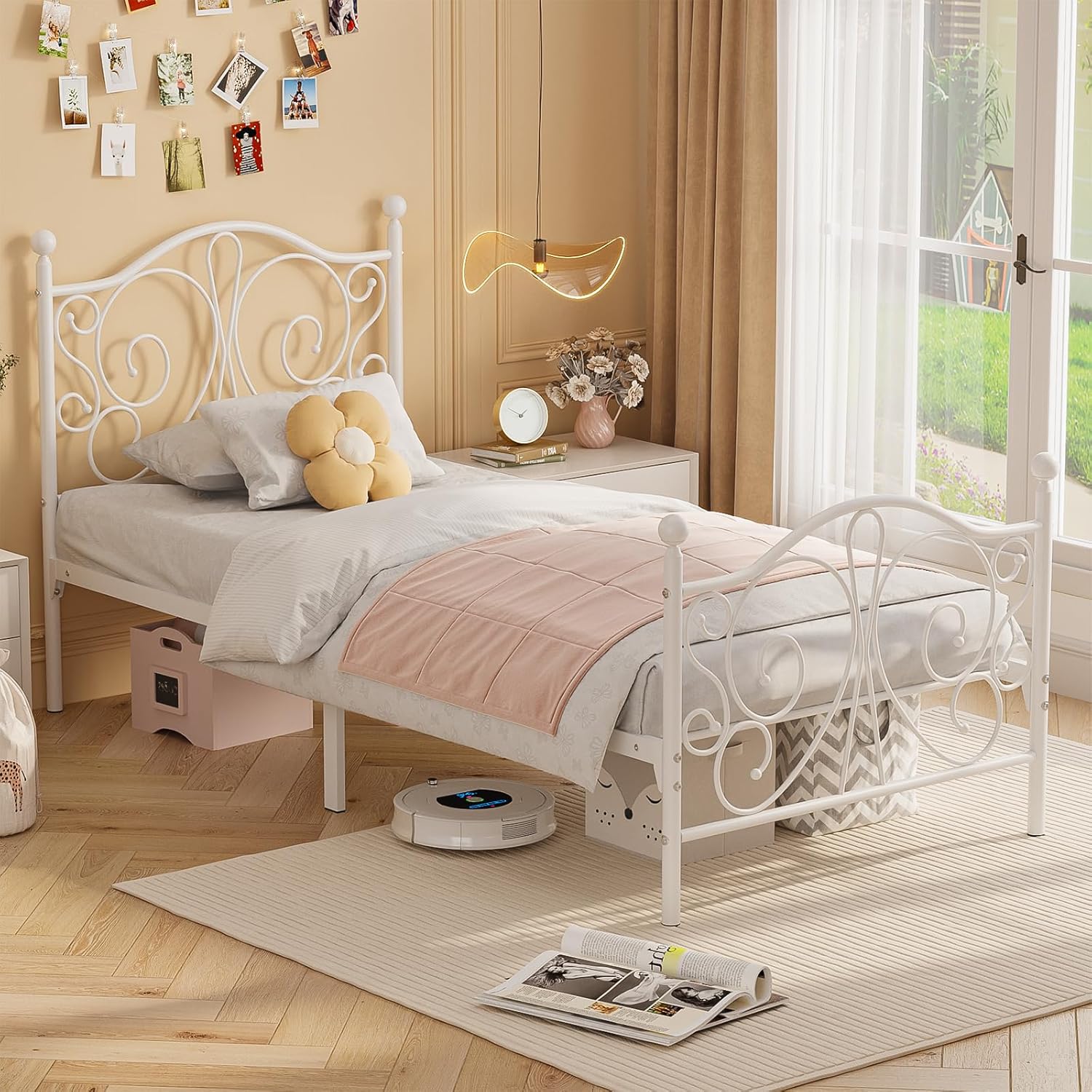 Twin Bed Frames with Butterfly Pattern Headboard and Footboard，Twin Size Bed Easy Assembly No Box Spring Needed Heavy Duty Metal Platform, White - Image 4