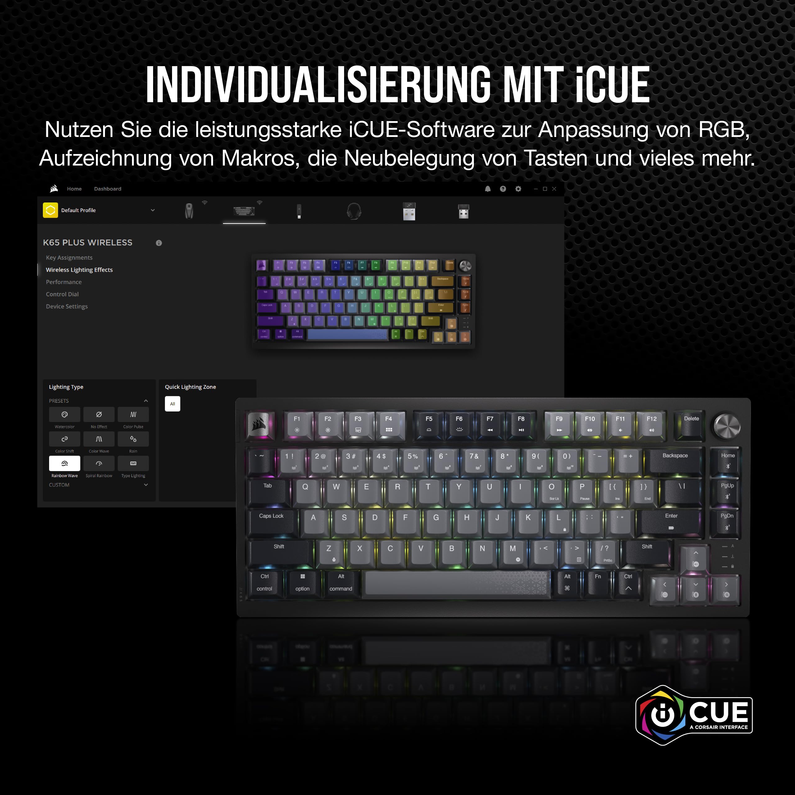 Corsair K65 Plus Wireless 75% RGB Mechanische Gaming-Tastatur Schwarz QWERTZ DE Hot-Swap MLX Red Lineare Schalter PBT Tastenkappen
