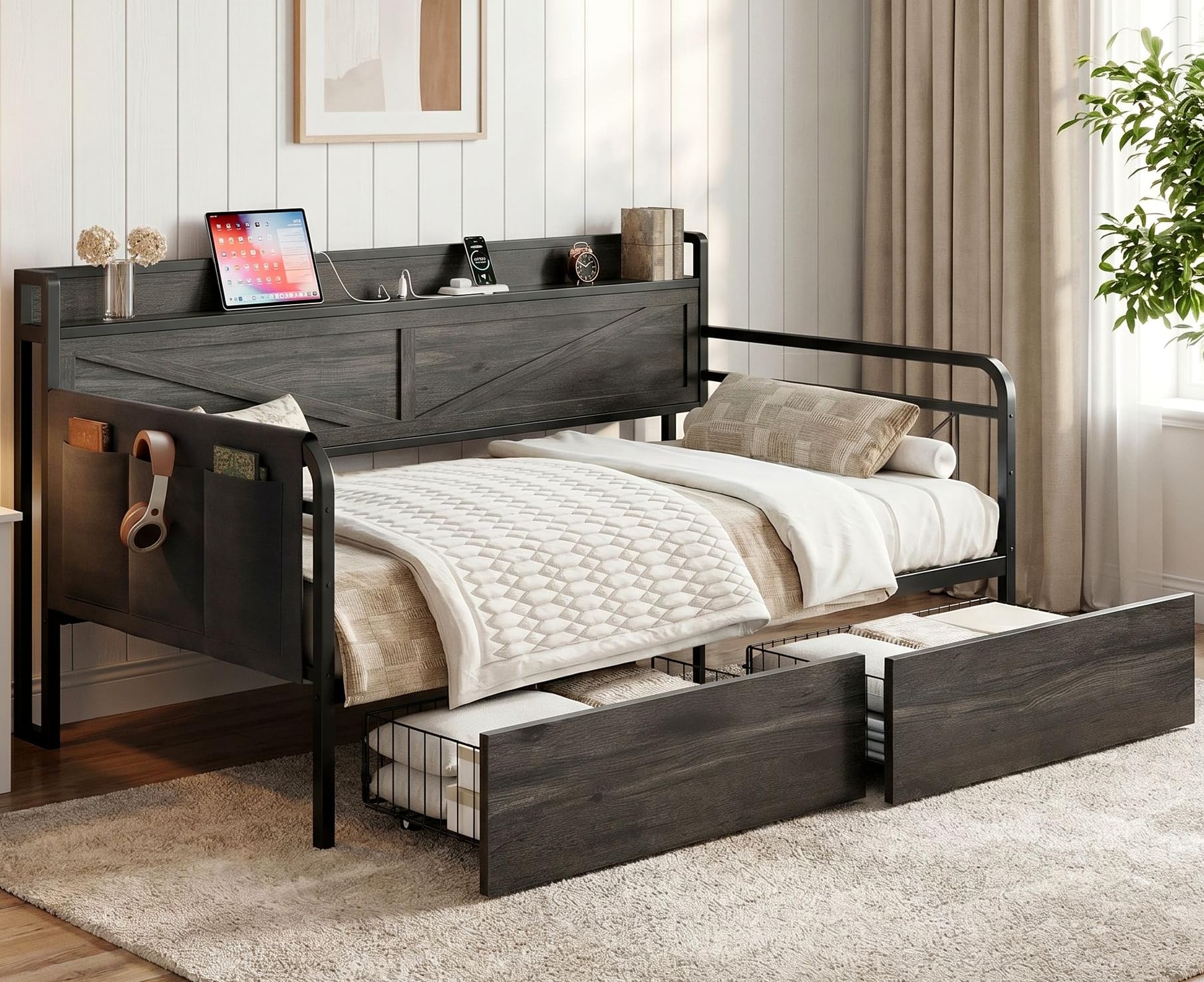 LIKIMIO Twin Daybed, with 2 Storage Drawers & Side Pocket, Farmhouse Storage Headboard with Charging Station, Premium Day Bed for Living Room & Bedroom & Guest Room, Charcoal Grey